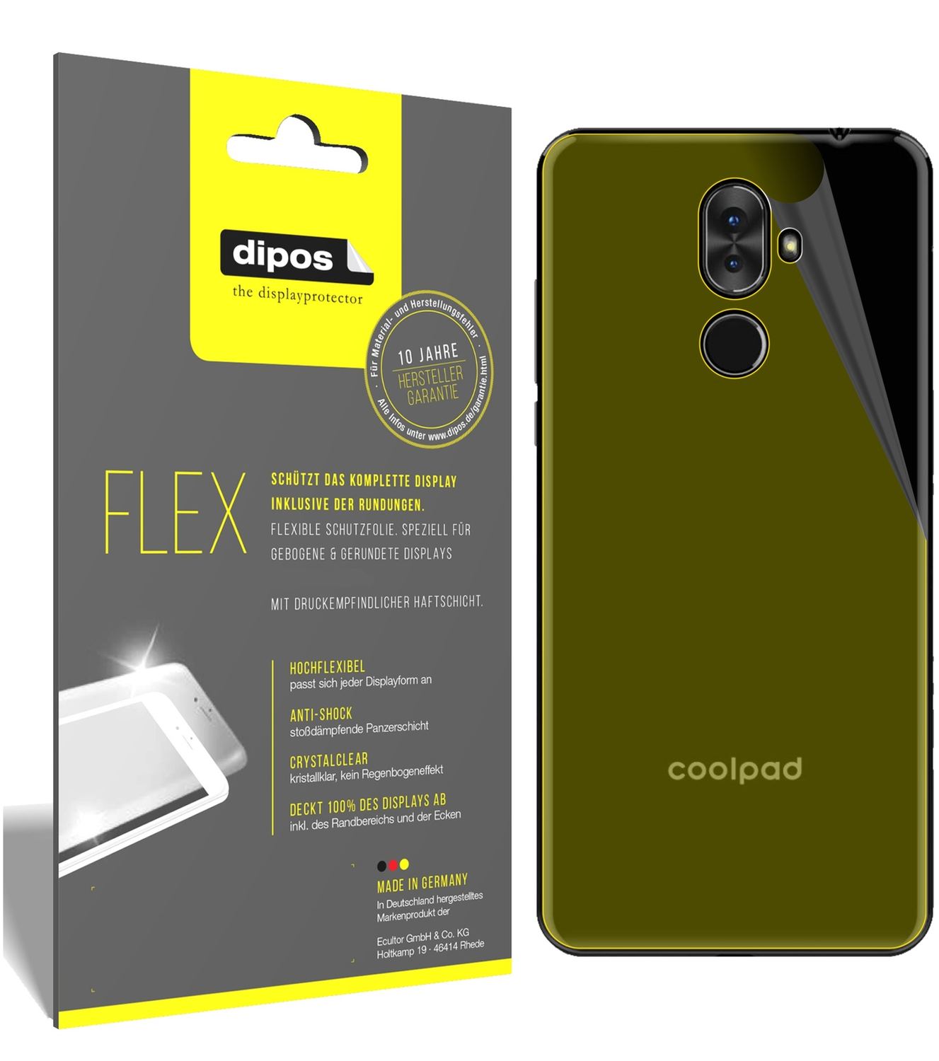 Klare Displayschutzfolie von dipos passend für Coolpad Note 8 Rückseite, 100% Displayabdeckung und blasenfreie Montage