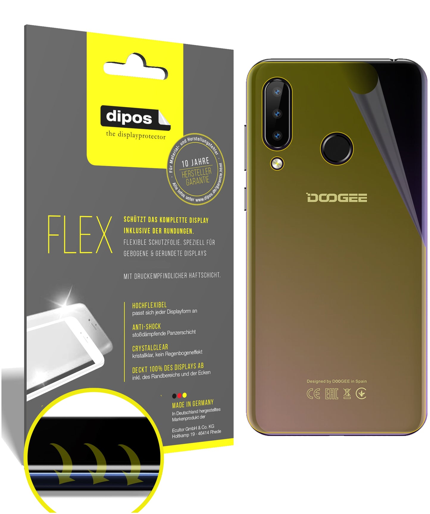 Klare Displayschutzfolie von dipos passend für Doogee N20 Rückseite, 100% Displayabdeckung und blasenfreie Montage