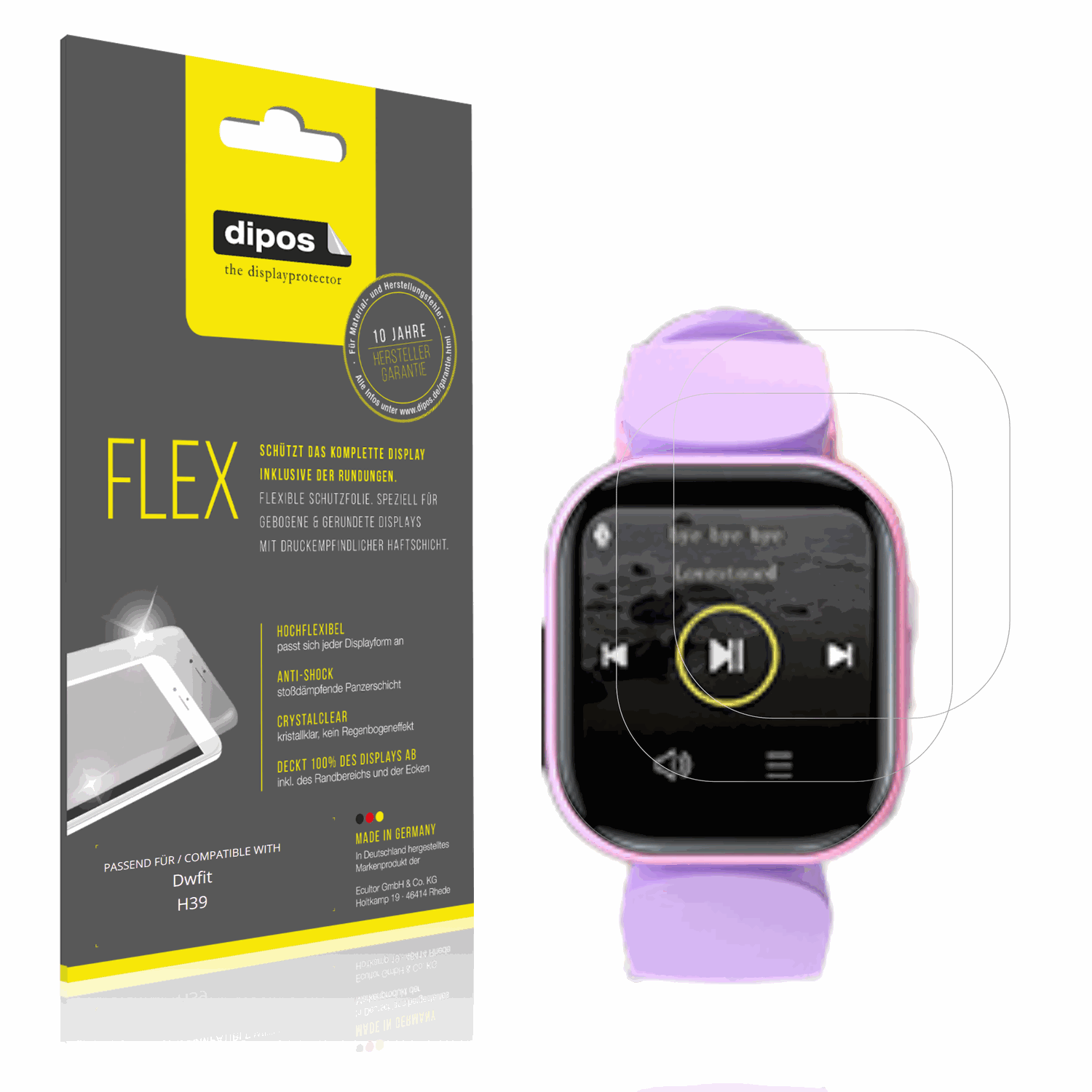 Klare Displayschutzfolie von dipos passend für Dwfit H39, 100% Displayabdeckung und blasenfreie Montage
