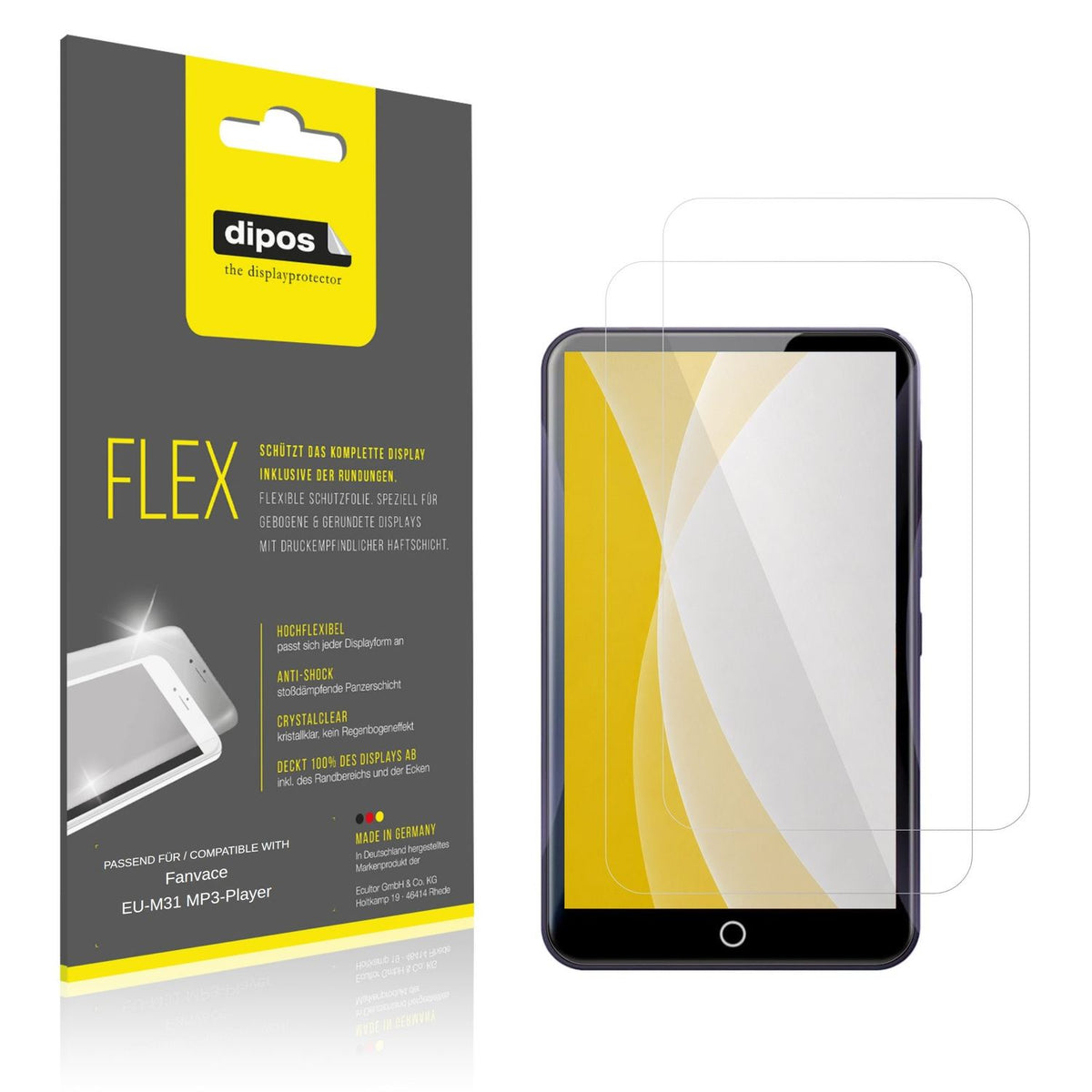 Klare Displayschutzfolie von dipos passend für Fanvace EU-M31 MP3-Player, 100% Displayabdeckung und blasenfreie Montage