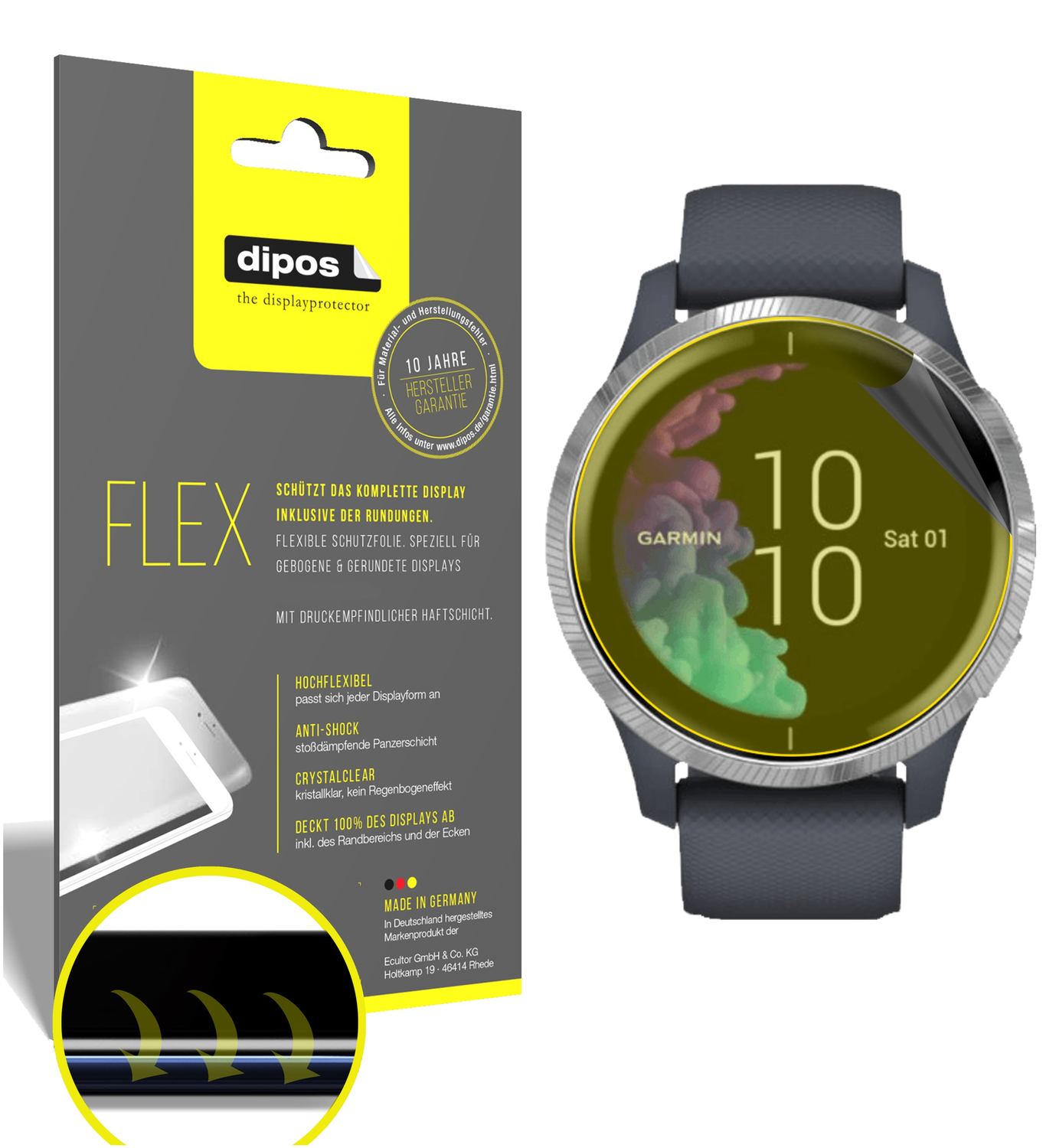 Klare Displayschutzfolie von dipos passend für Garmin Venu (43mm), 100% Displayabdeckung und blasenfreie Montage