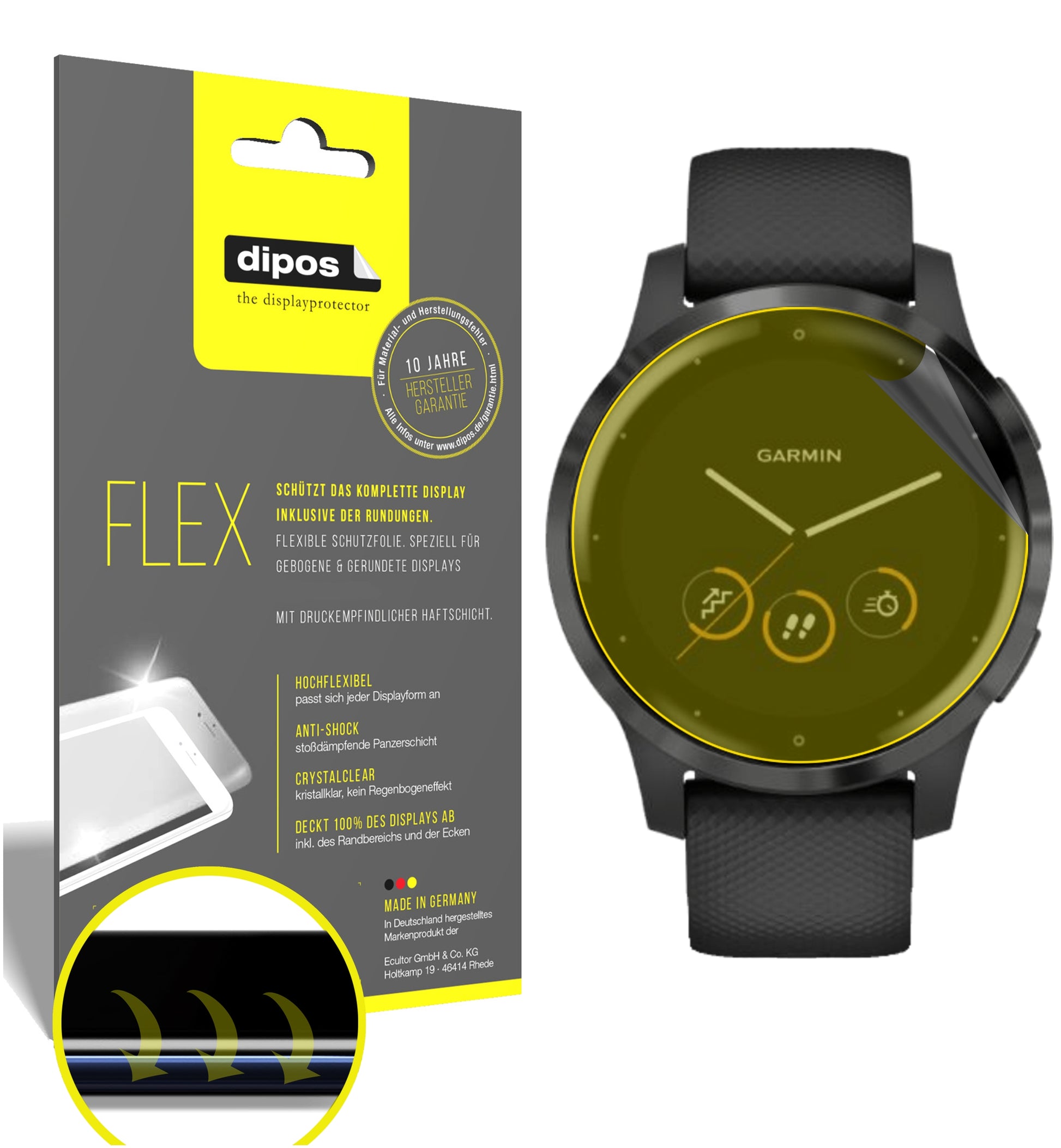 Klare Displayschutzfolie von dipos passend für Garmin Vivoactive 4 (44mm), 100% Displayabdeckung und blasenfreie Montage