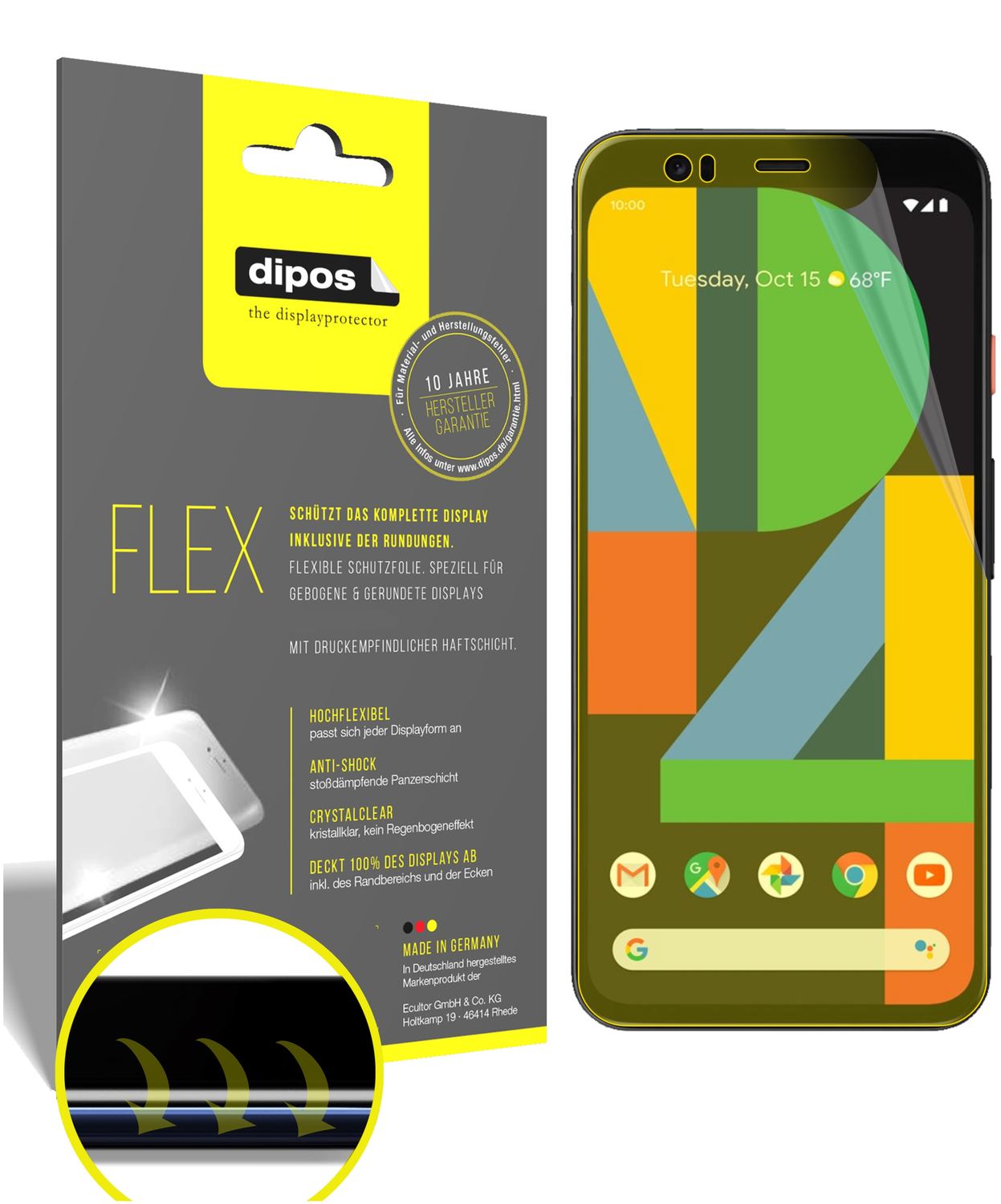 Klare Displayschutzfolie von dipos passend für Google Pixel 4 XL, 100% Displayabdeckung und blasenfreie Montage