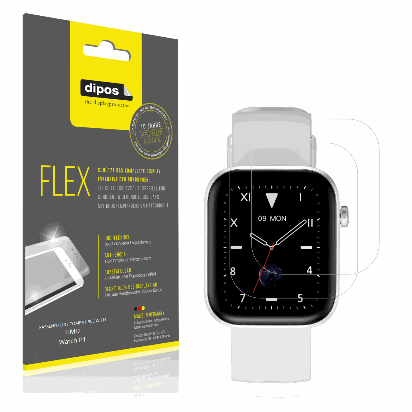 Klare Displayschutzfolie von dipos passend f�r HMD Watch P1, 100% Displayabdeckung und blasenfreie Montage