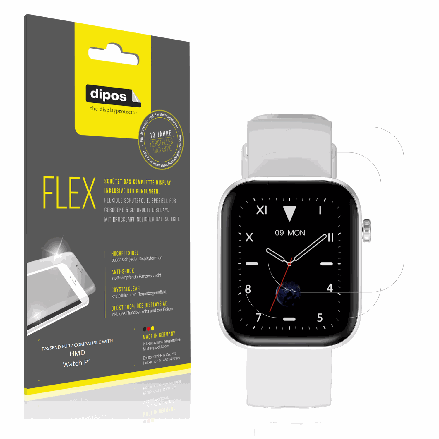Klare Displayschutzfolie von dipos passend f�r HMD Watch P1, 100% Displayabdeckung und blasenfreie Montage