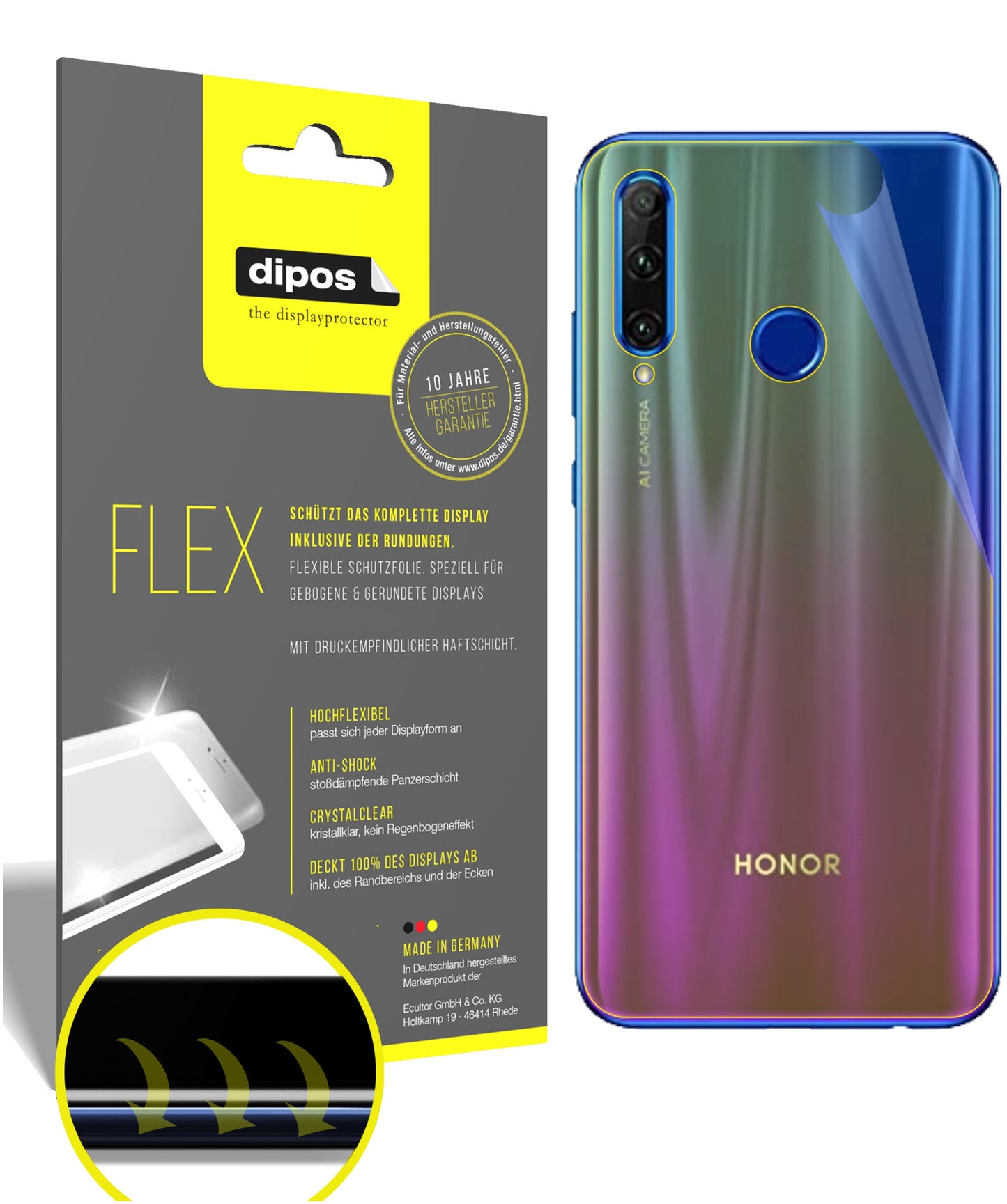 Klare Displayschutzfolie von dipos passend für Honor 20E Rückseite, 100% Displayabdeckung und blasenfreie Montage