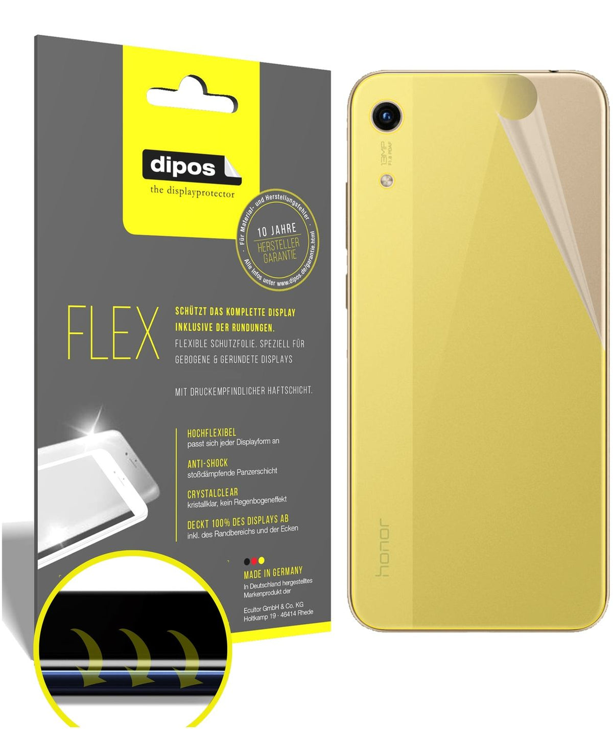 Klare Displayschutzfolie von dipos passend für Honor 8A Rückseite, 100% Displayabdeckung und blasenfreie Montage