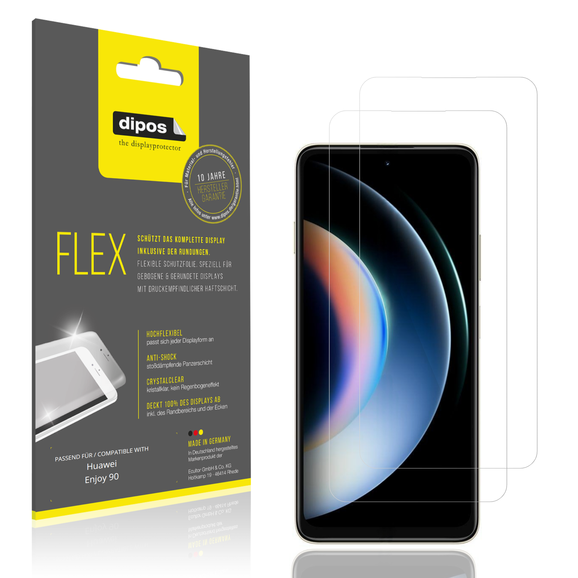 Klare Displayschutzfolie von dipos passend für Huawei Enjoy 90, 100% Displayabdeckung und blasenfreie Montage