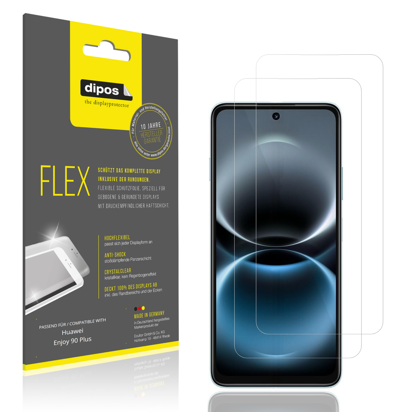 Klare Displayschutzfolie von dipos passend für Huawei Enjoy 90 Plus, 100% Displayabdeckung und blasenfreie Montage