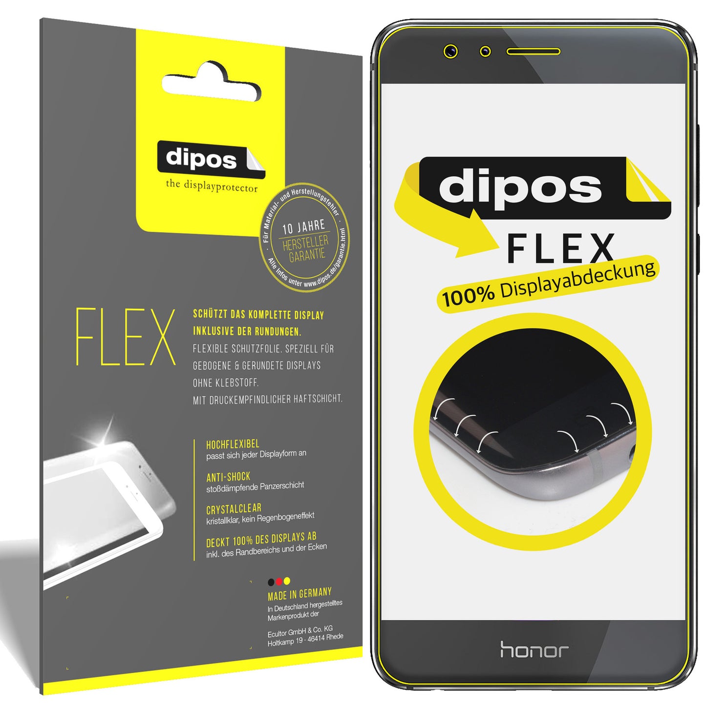 Klare Displayschutzfolie von dipos passend für Huawei Honor 8, 100% Displayabdeckung und blasenfreie Montage