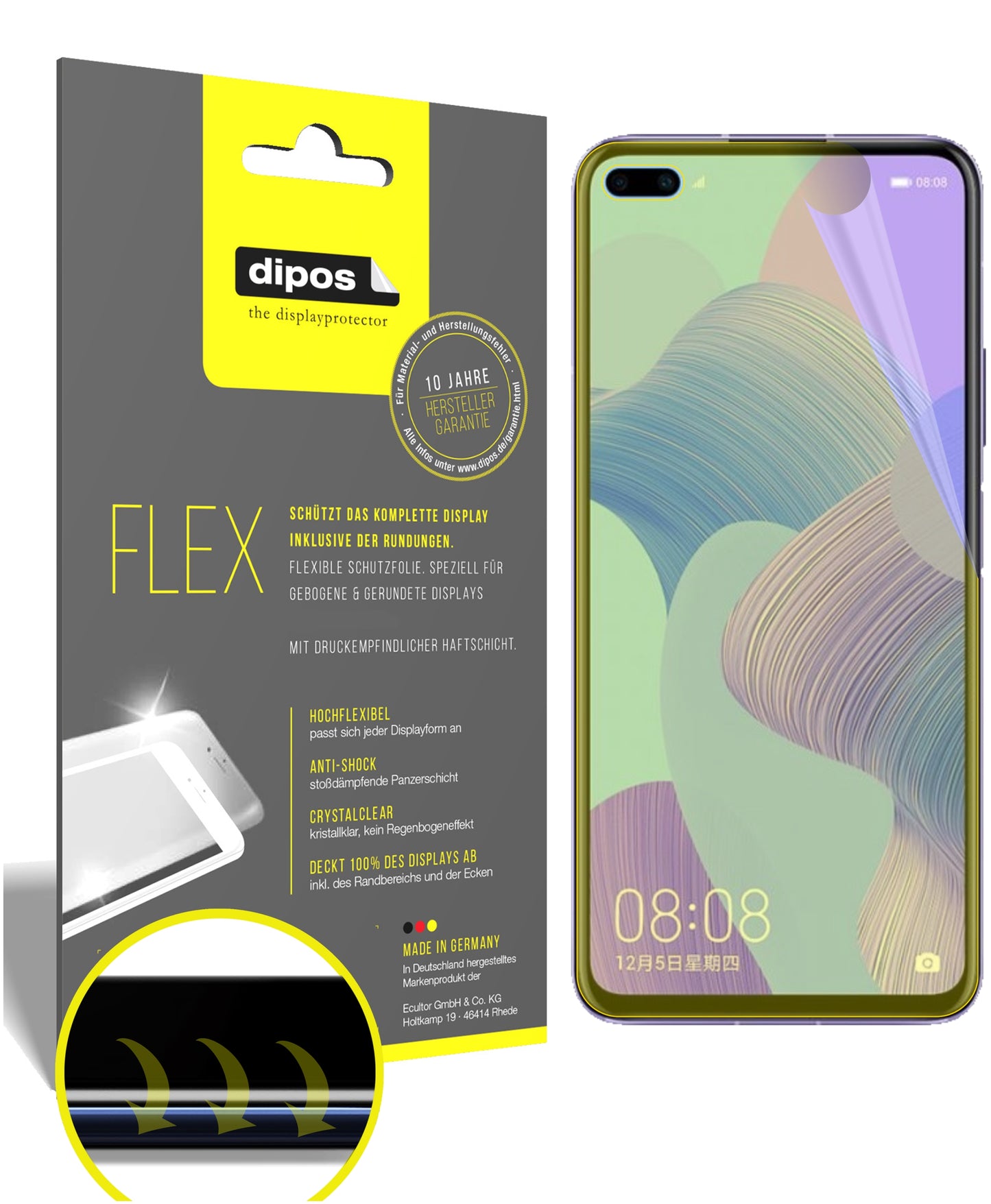 Klare Displayschutzfolie von dipos passend für Honor V30, 100% Displayabdeckung und blasenfreie Montage