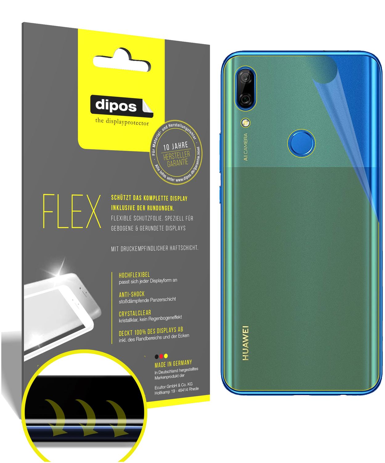 Klare Displayschutzfolie von dipos passend für Huawei P Smart Pro (2020) Rückseite, 100% Displayabdeckung und blasenfreie Montage