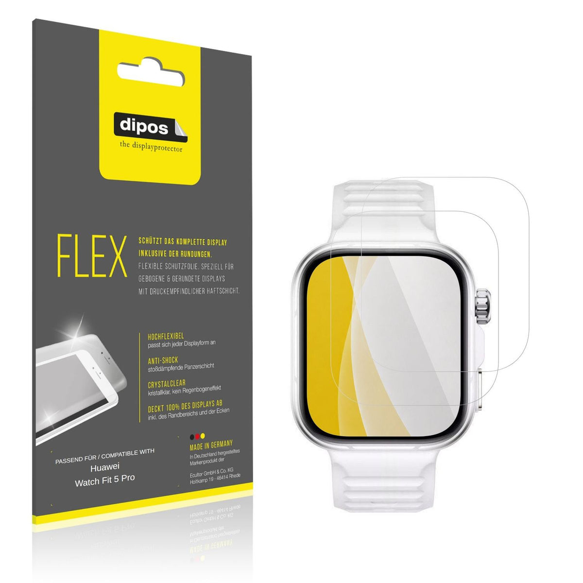 Klare Displayschutzfolie von dipos passend für Huawei Watch Fit 5 Pro, 100% Displayabdeckung und blasenfreie Montage