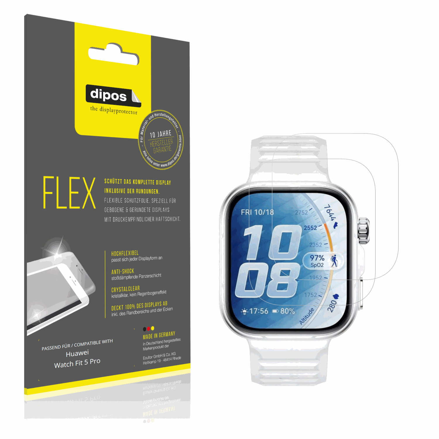 Klare Displayschutzfolie von dipos passend für Huawei Watch Fit 5 Pro, 100% Displayabdeckung und blasenfreie Montage