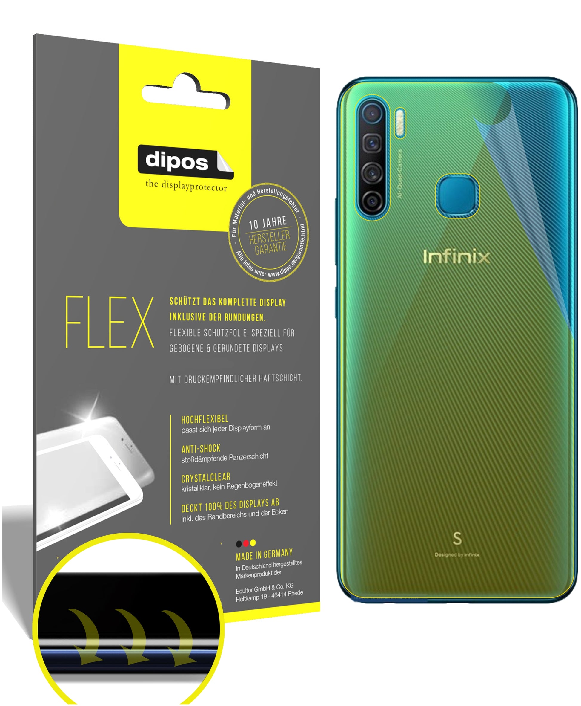 Klare Displayschutzfolie von dipos passend für Infinix S5 Rückseite, 100% Displayabdeckung und blasenfreie Montage
