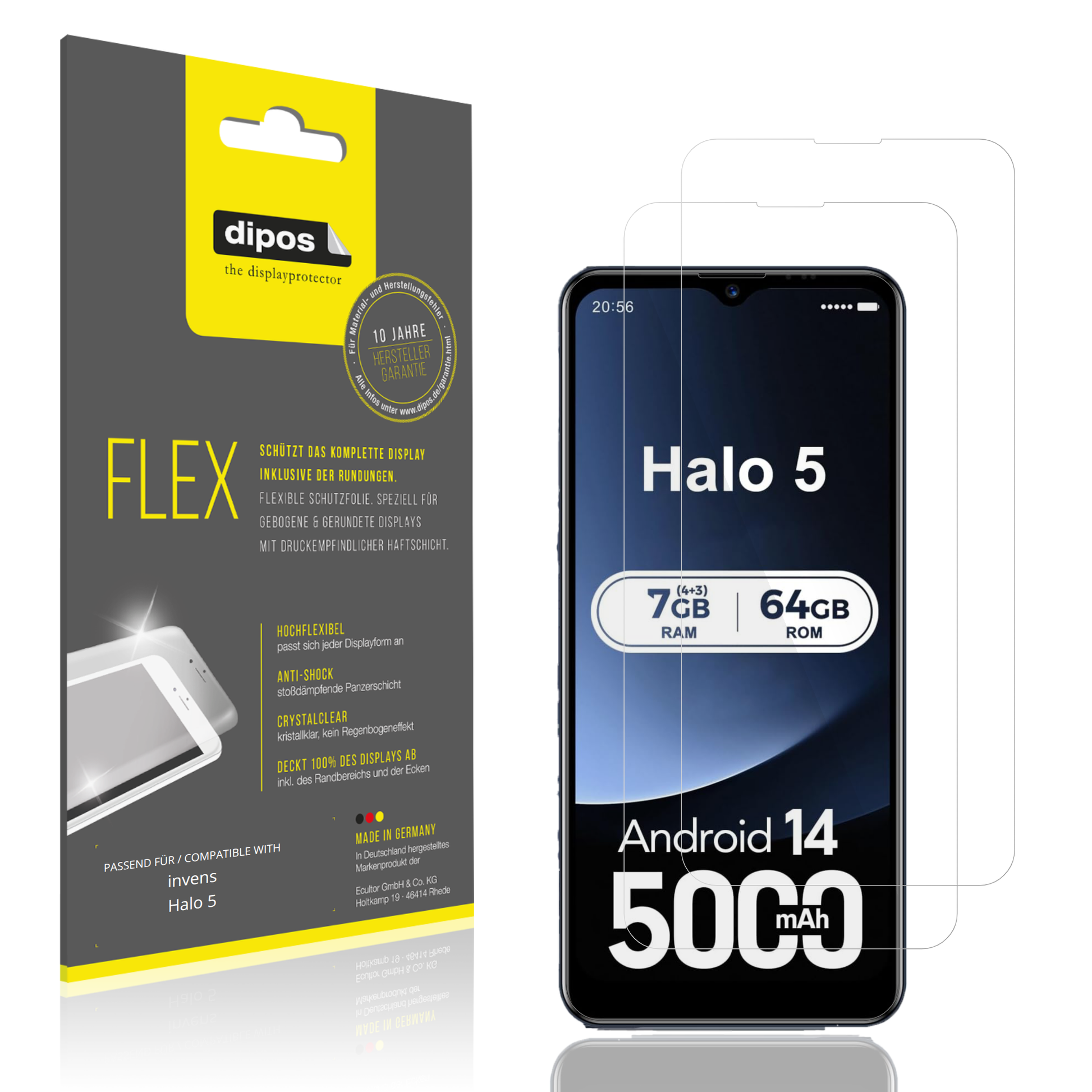 Klare Displayschutzfolie von dipos passend für invens Halo 5, 100% Displayabdeckung und blasenfreie Montage