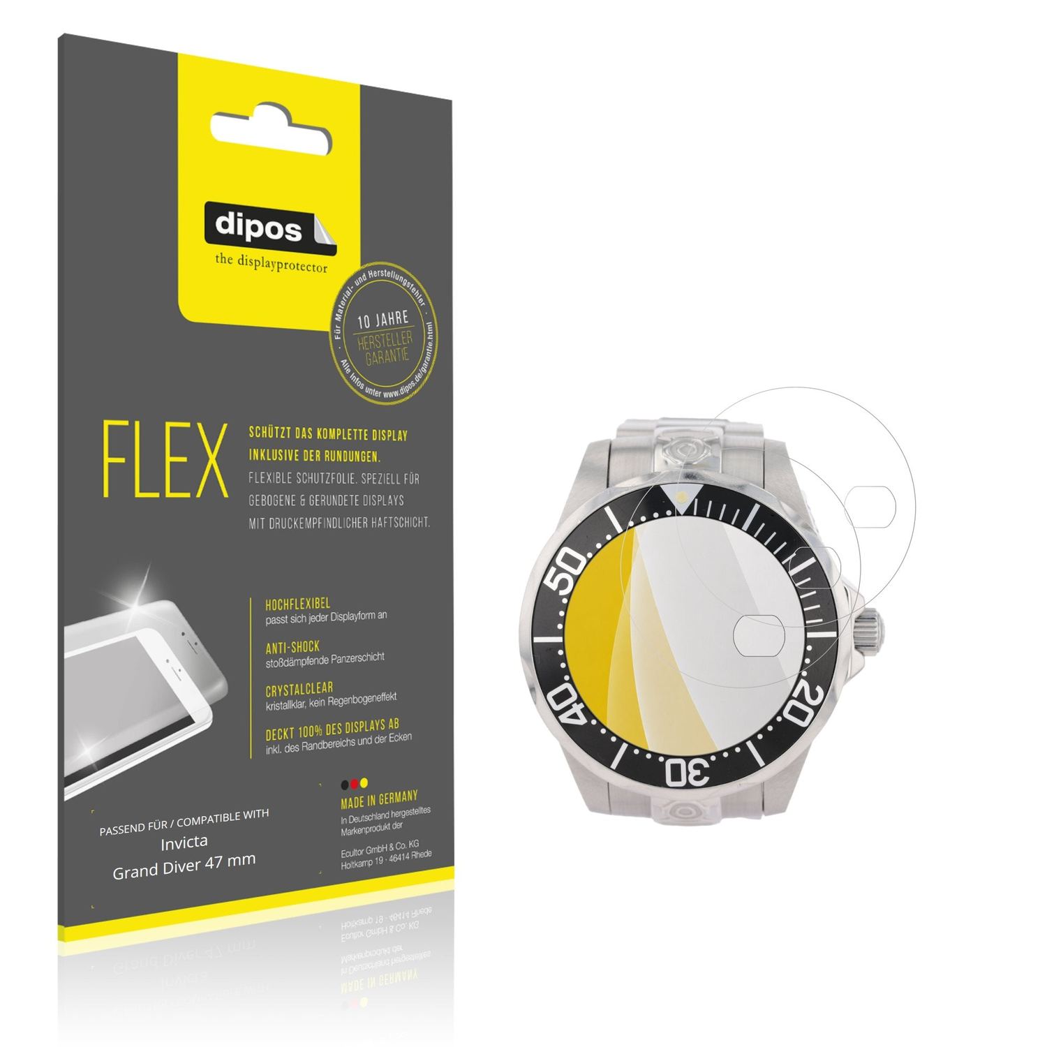 Klare Displayschutzfolie von dipos passend für Invicta Grand Diver 47 mm, 100% Displayabdeckung und blasenfreie Montage