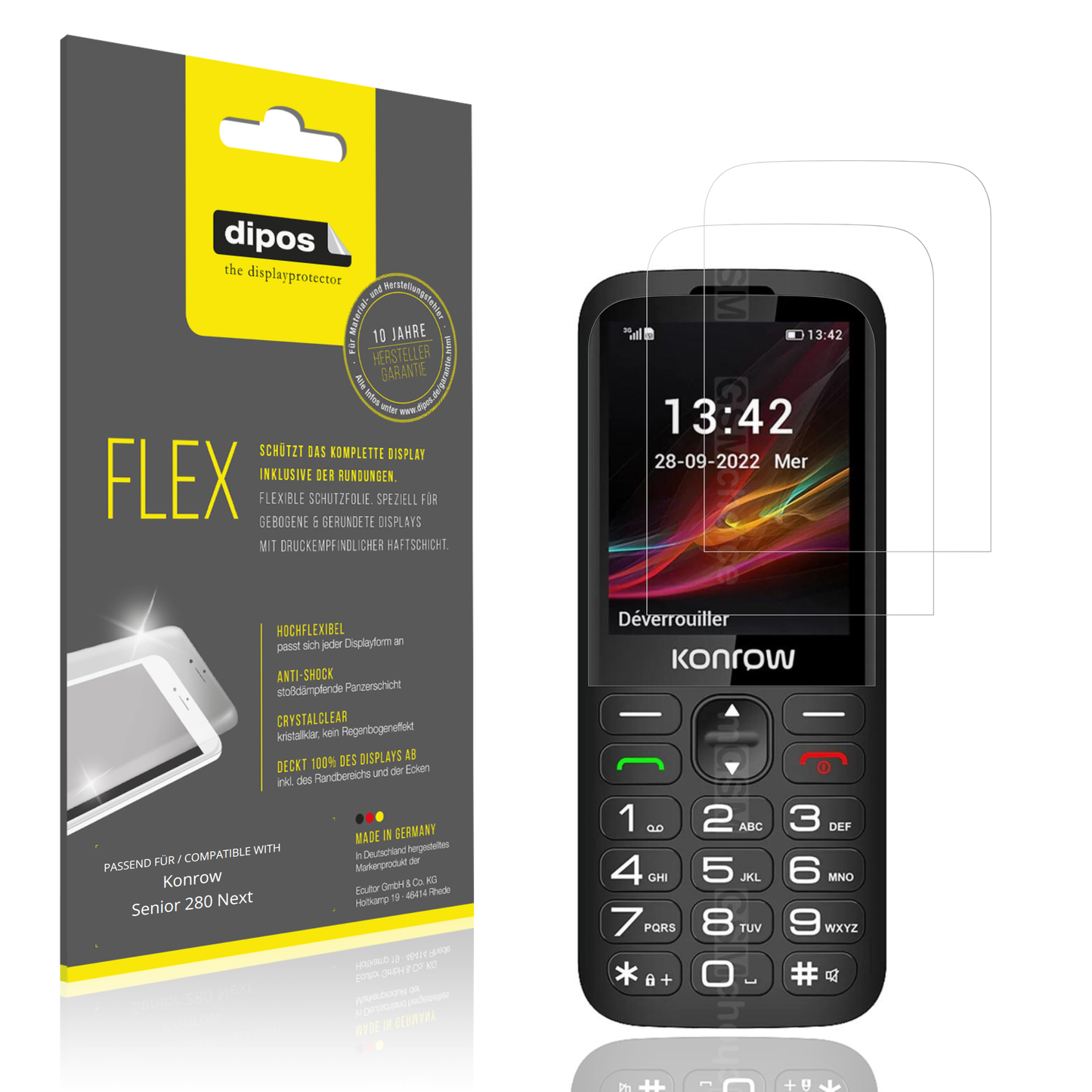 Klare Displayschutzfolie von dipos passend für Konrow Senior 280 Next, 100% Displayabdeckung und blasenfreie Montage