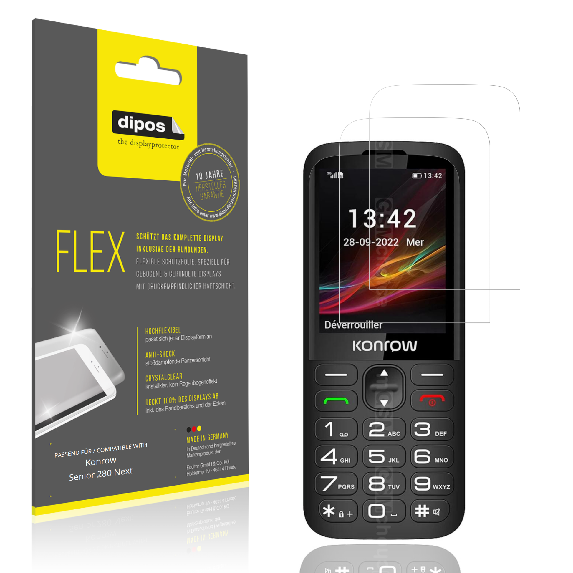 Klare Displayschutzfolie von dipos passend für Konrow Senior 280 Next, 100% Displayabdeckung und blasenfreie Montage