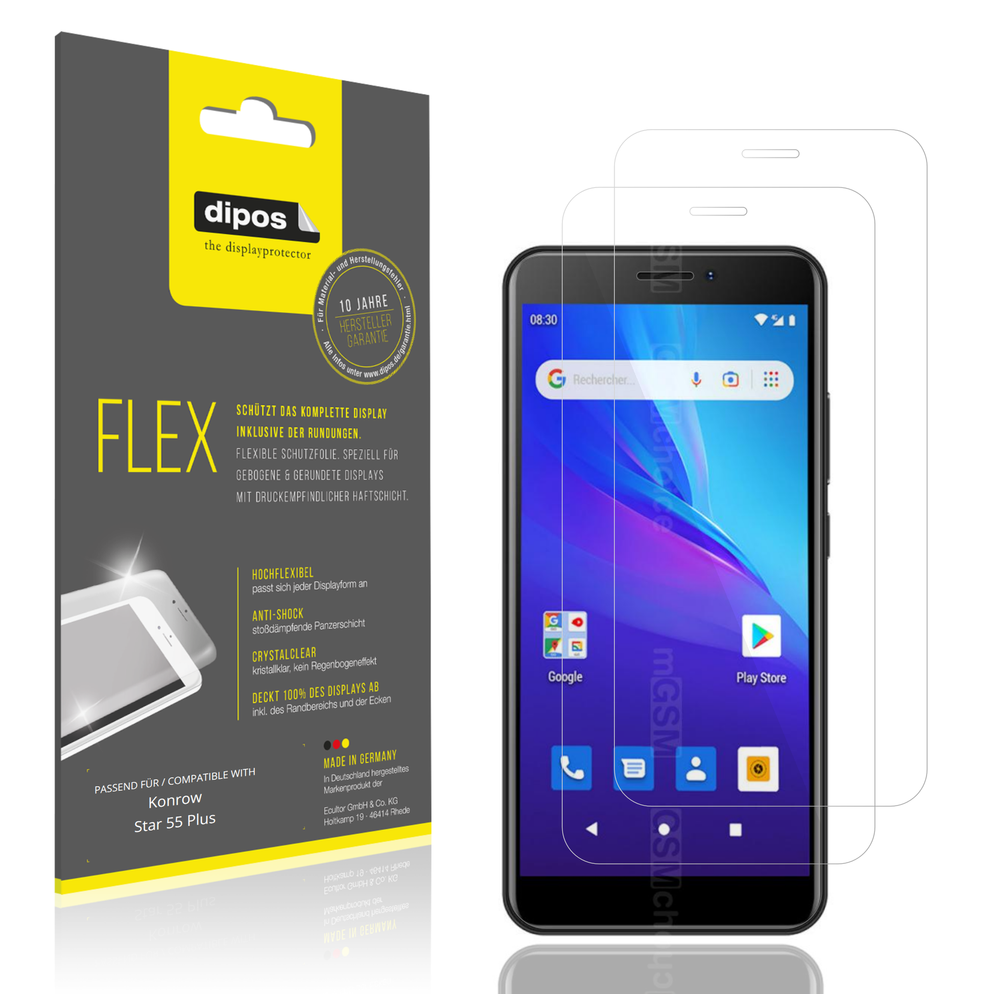 Klare Displayschutzfolie von dipos passend für Konrow Star 55 Plus, 100% Displayabdeckung und blasenfreie Montage