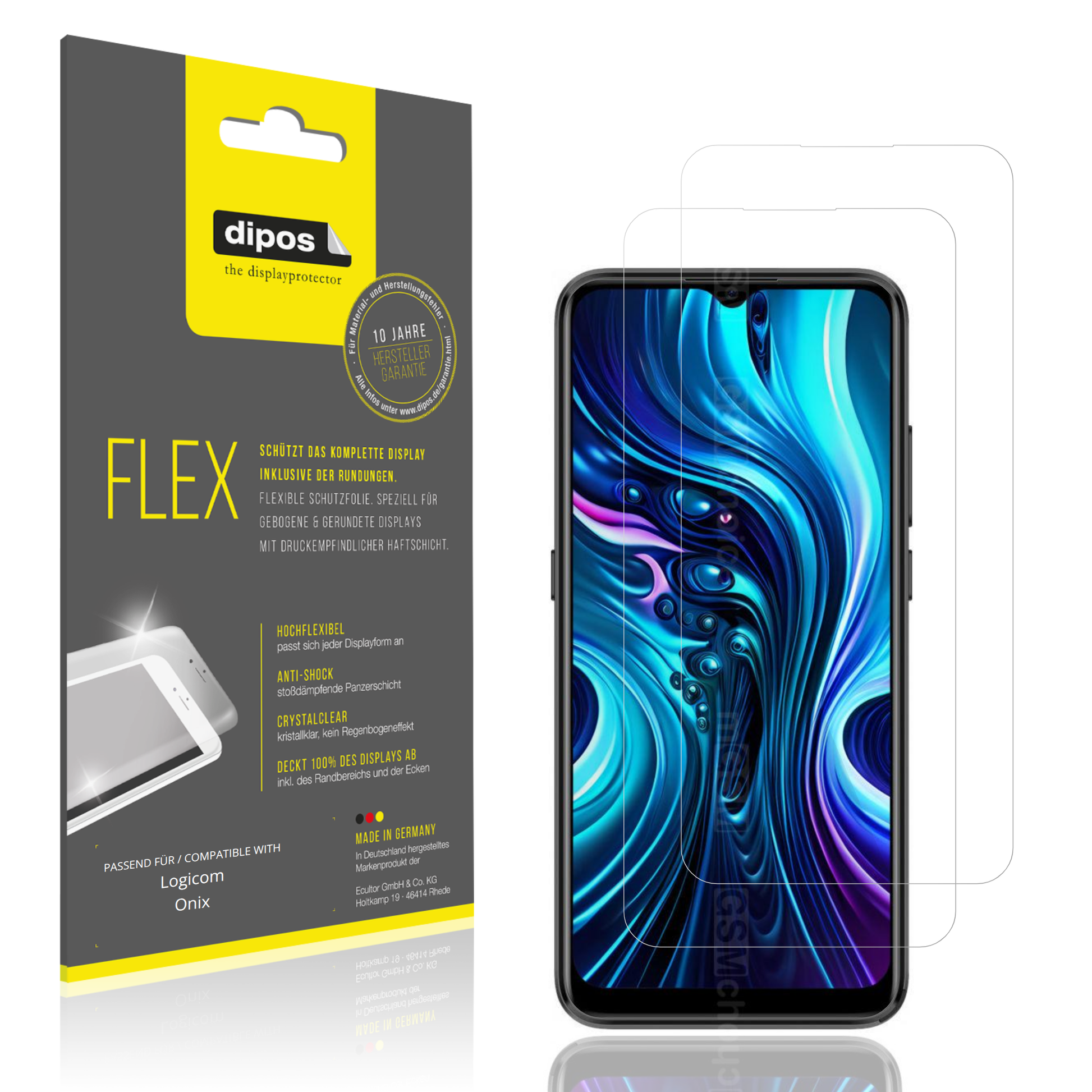 Klare Displayschutzfolie von dipos passend für Logicom Onix, 100% Displayabdeckung und blasenfreie Montage