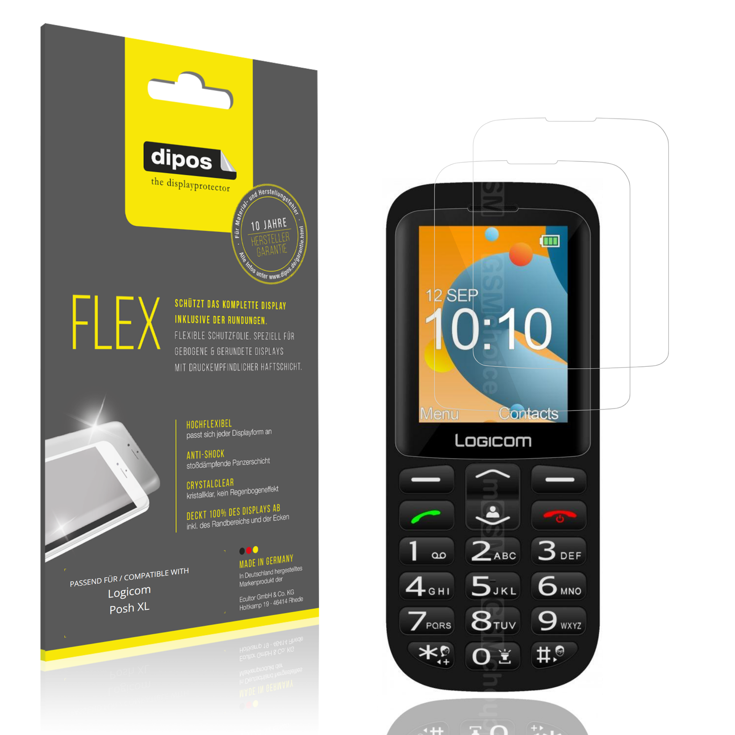 Klare Displayschutzfolie von dipos passend für Logicom Posh XL, 100% Displayabdeckung und blasenfreie Montage