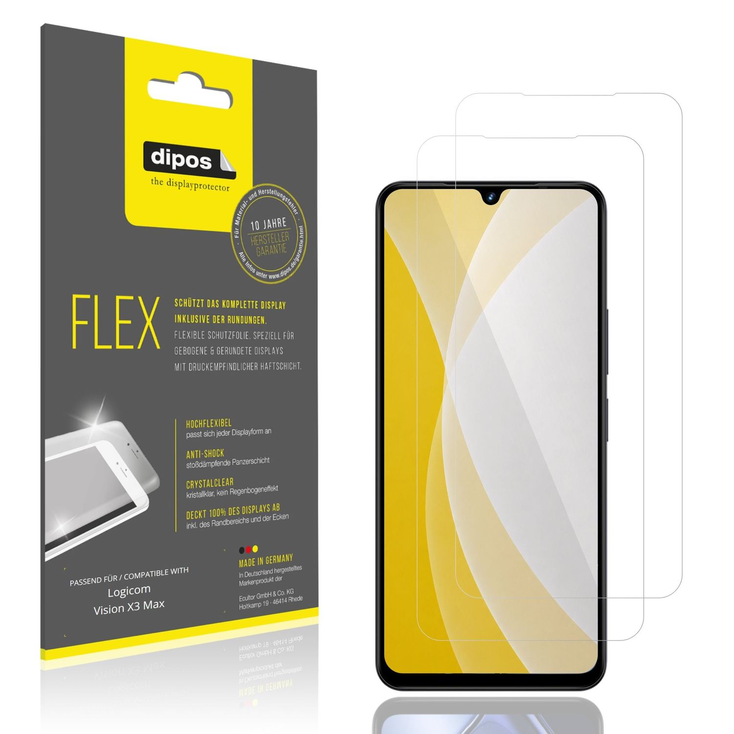 Klare Displayschutzfolie von dipos passend für Logicom Vision X3 Max, 100% Displayabdeckung und blasenfreie Montage