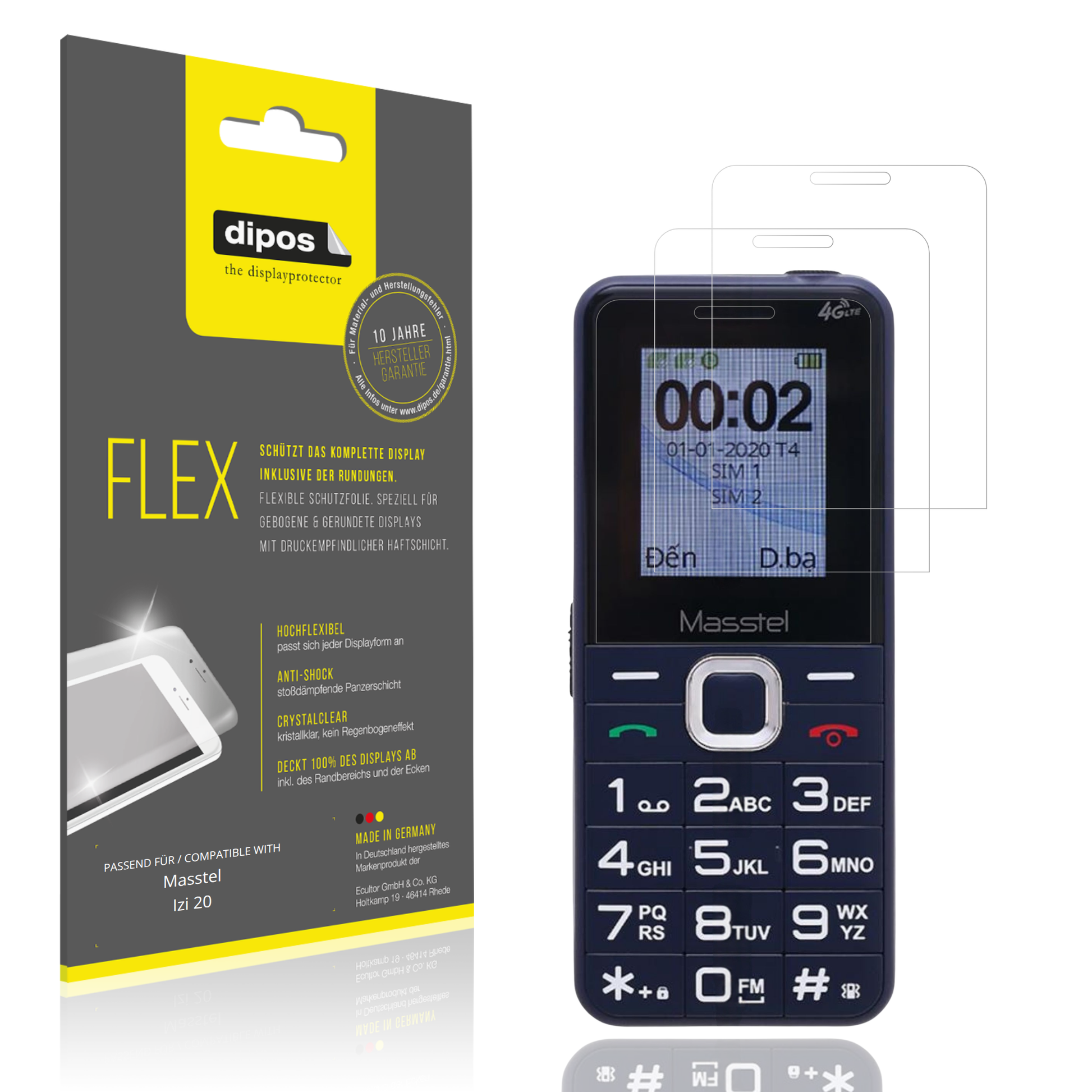 Klare Displayschutzfolie von dipos passend für Masstel Izi 20, 100% Displayabdeckung und blasenfreie Montage