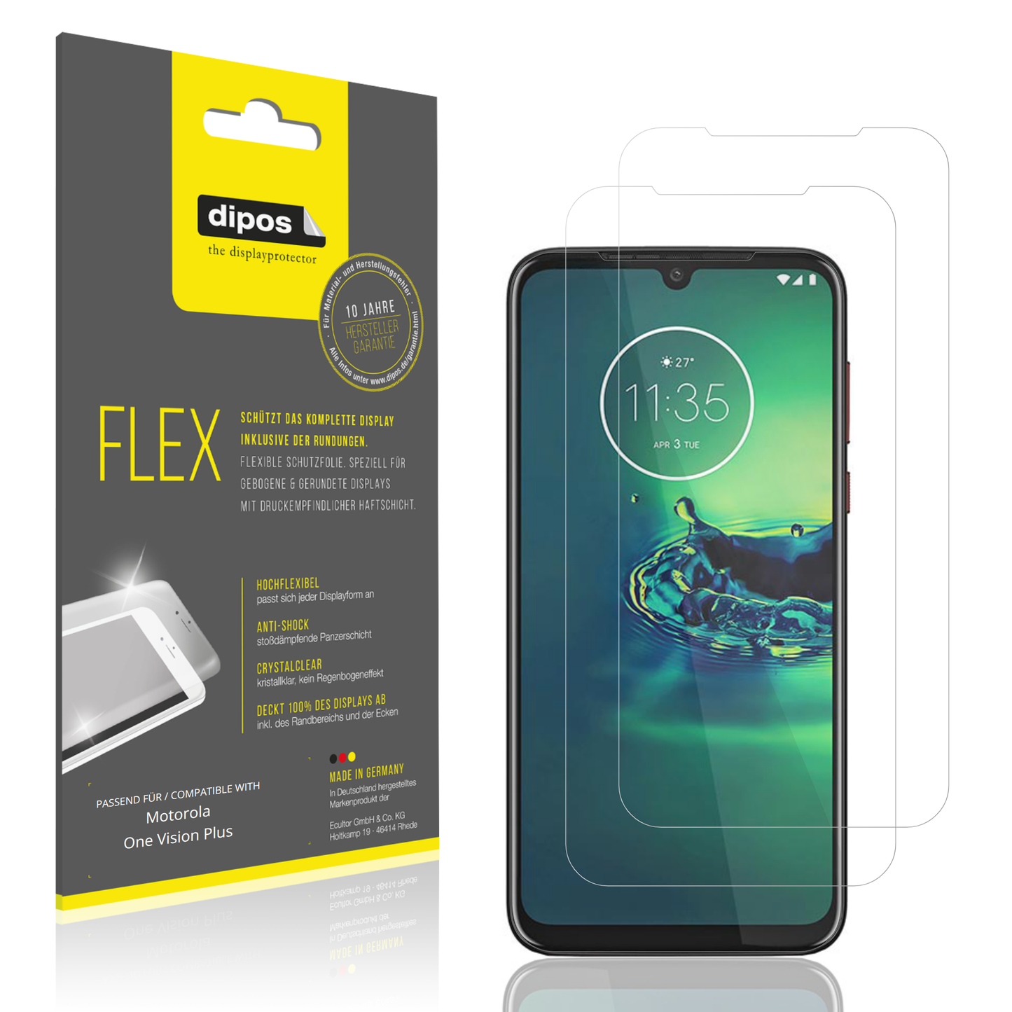 Klare Displayschutzfolie von dipos passend für Motorola One Vision Plus, 100% Displayabdeckung und blasenfreie Montage