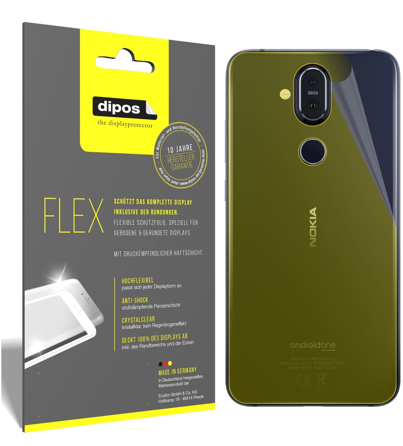 Klare Displayschutzfolie von dipos passend für Nokia 8.1 Rückseite, 100% Displayabdeckung und blasenfreie Montage