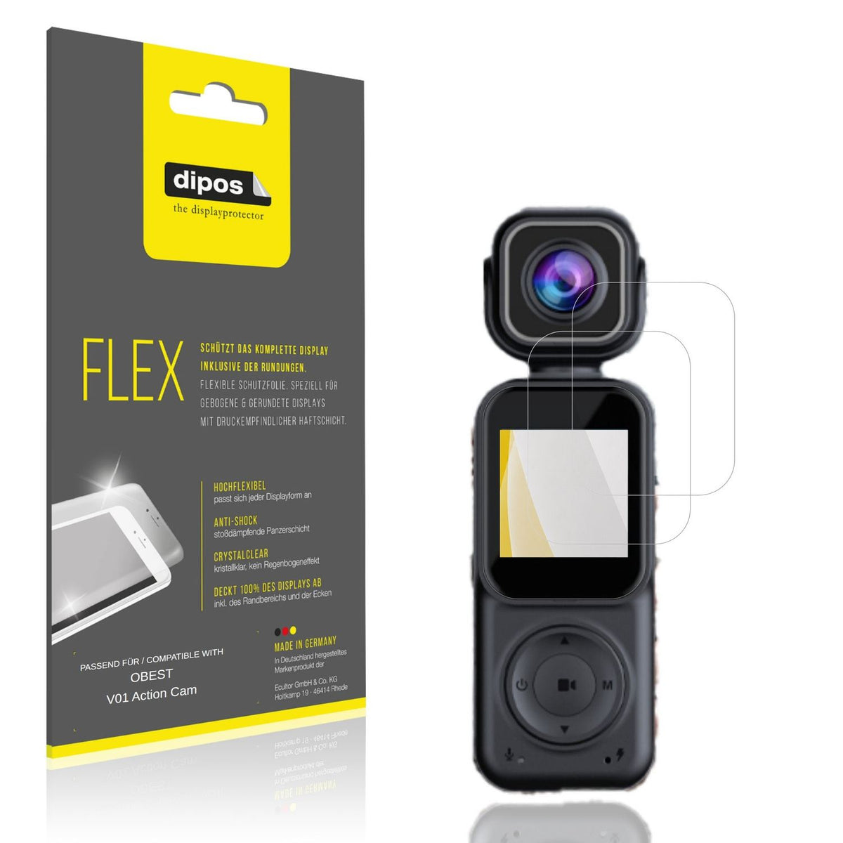 Klare Displayschutzfolie von dipos passend für OBEST V01 Action Cam, 100% Displayabdeckung und blasenfreie Montage