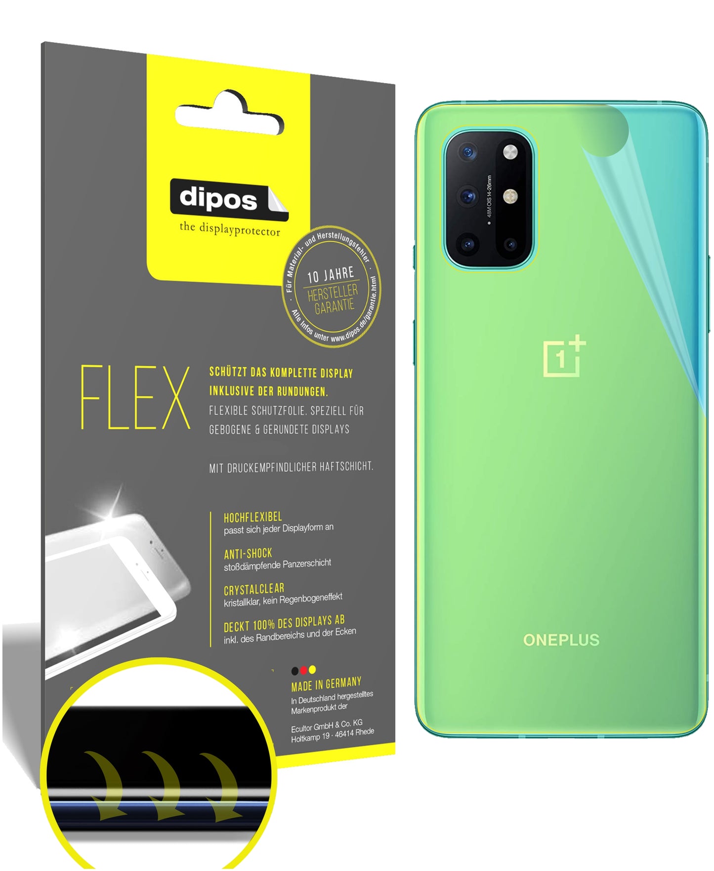 Klare Displayschutzfolie von dipos passend für OnePlus 8T Rückseite, 100% Displayabdeckung und blasenfreie Montage