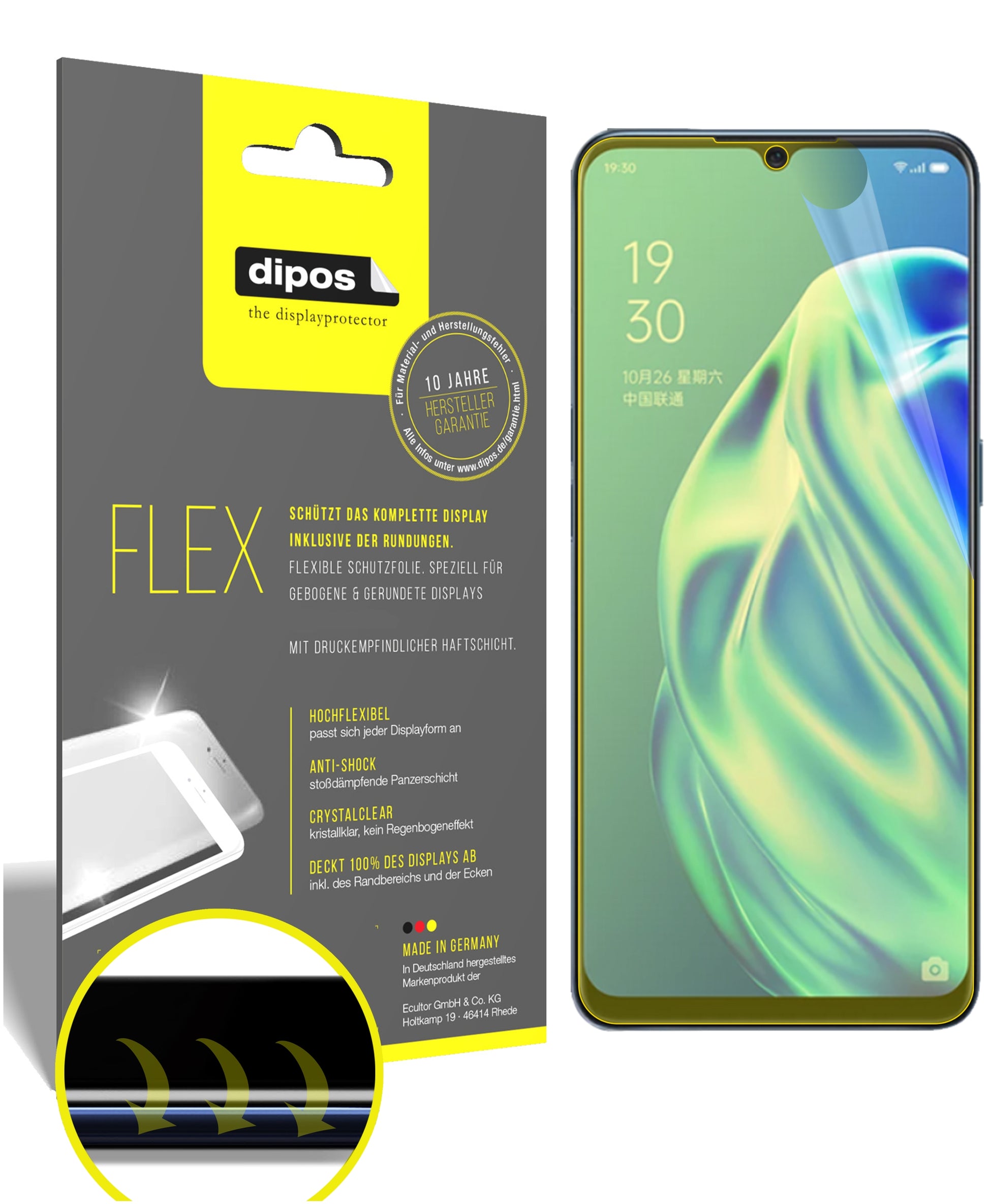 Klare Displayschutzfolie von dipos passend für Oppo F15, 100% Displayabdeckung und blasenfreie Montage