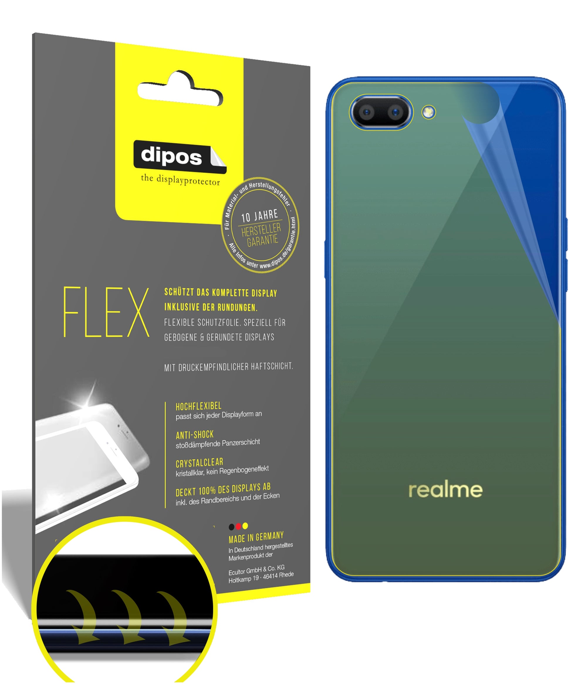 Klare Displayschutzfolie von dipos passend für Oppo Realme C1 (2019) Rückseite, 100% Displayabdeckung und blasenfreie Montage