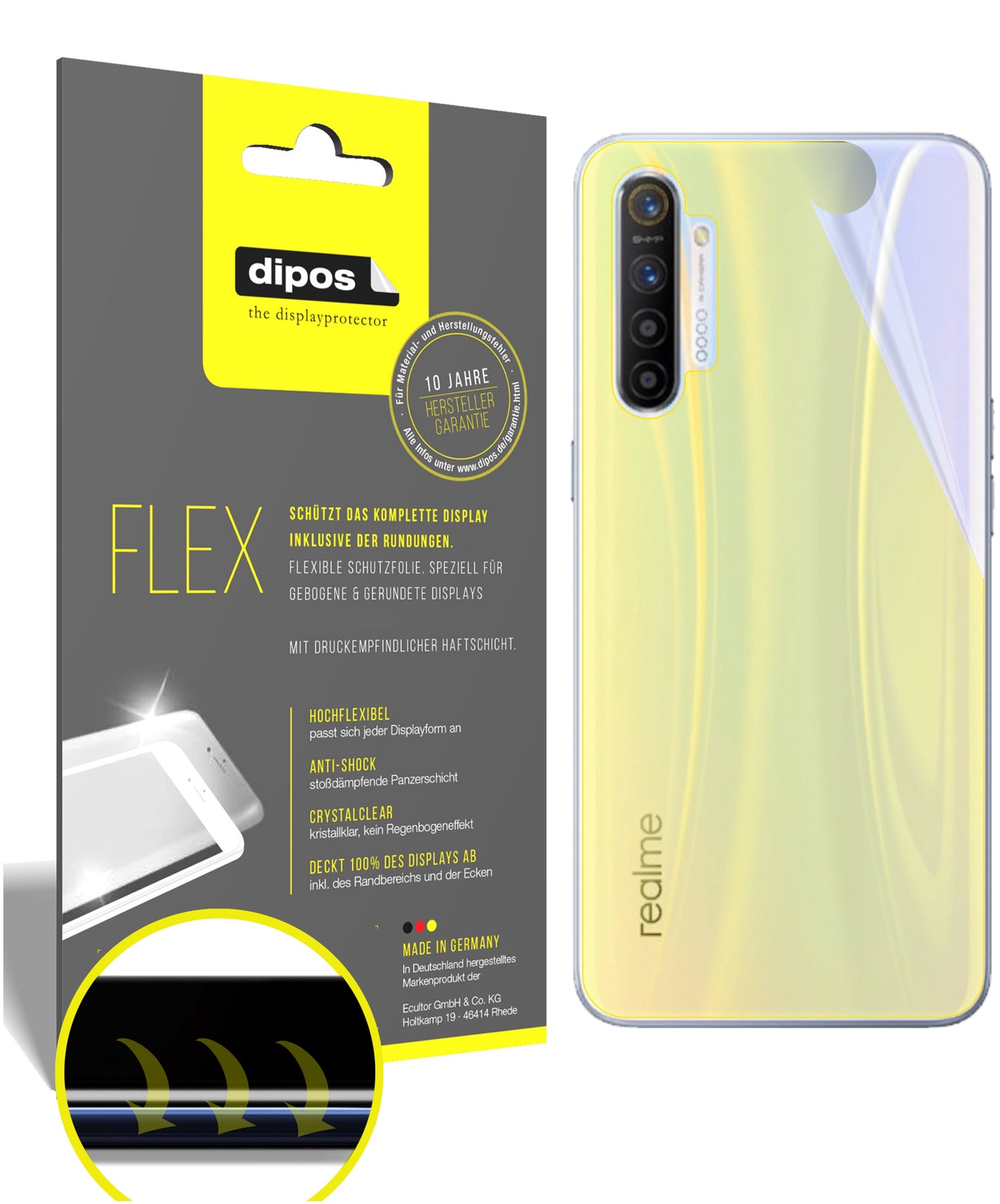 Klare Displayschutzfolie von dipos passend für Oppo Realme XT Rückseite, 100% Displayabdeckung und blasenfreie Montage