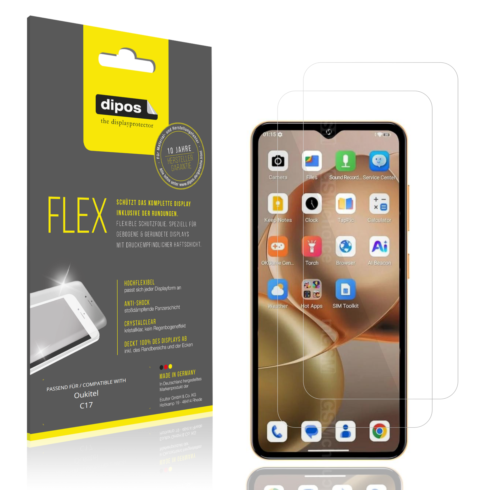 Klare Displayschutzfolie von dipos passend für Oukitel C17, 100% Displayabdeckung und blasenfreie Montage