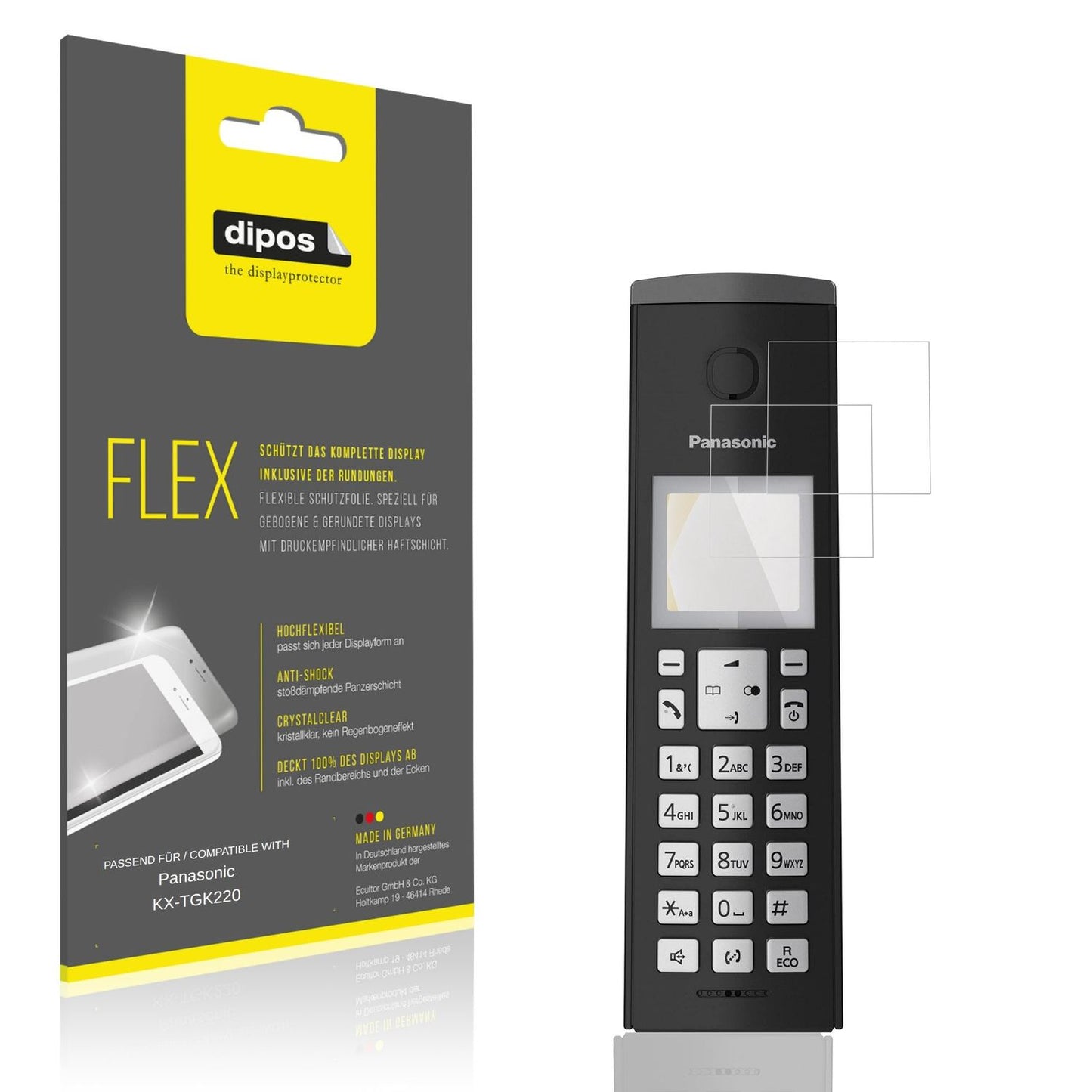 Klare Displayschutzfolie von dipos passend für Panasonic KX-TGK220, 100% Displayabdeckung und blasenfreie Montage