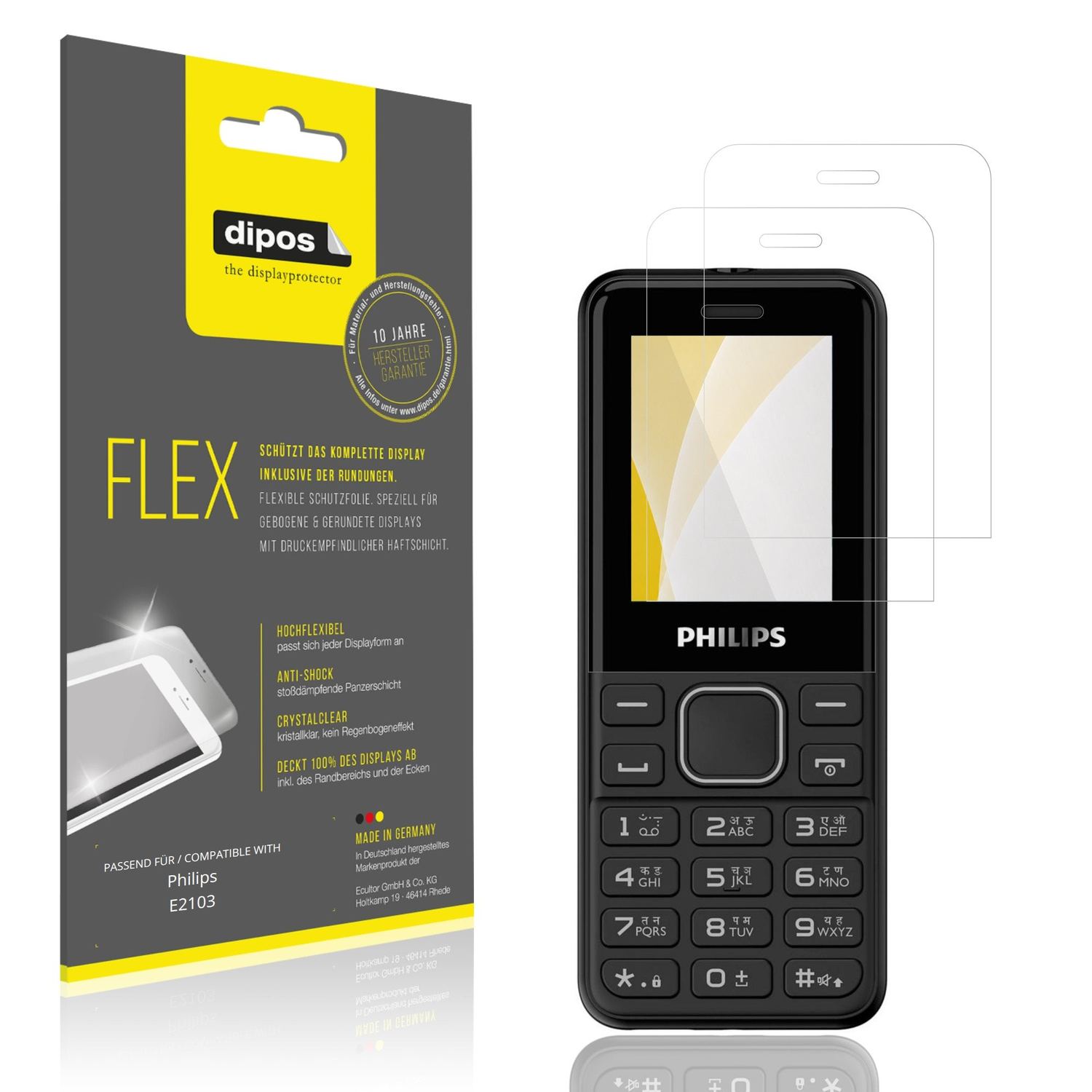 Klare Displayschutzfolie von dipos passend für Philips E2103, 100% Displayabdeckung und blasenfreie Montage