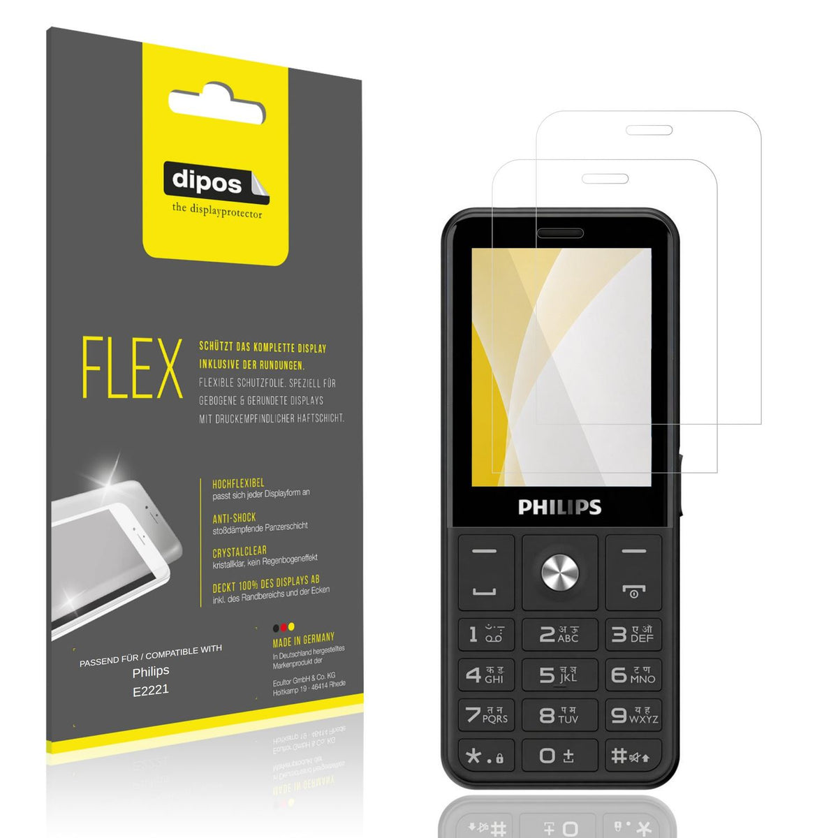 Klare Displayschutzfolie von dipos passend für Philips E2221, 100% Displayabdeckung und blasenfreie Montage