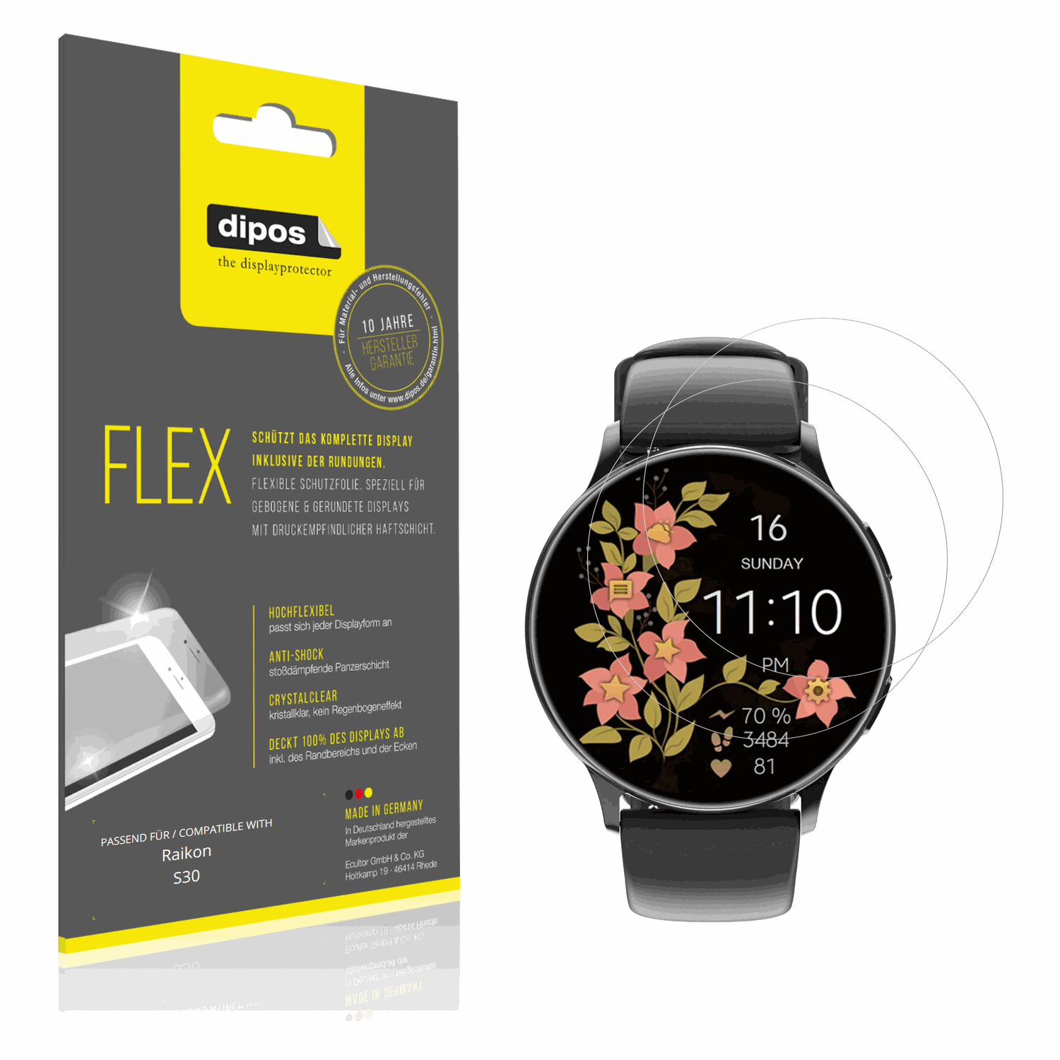 Klare Displayschutzfolie von dipos passend für Raikon S30, 100% Displayabdeckung und blasenfreie Montage