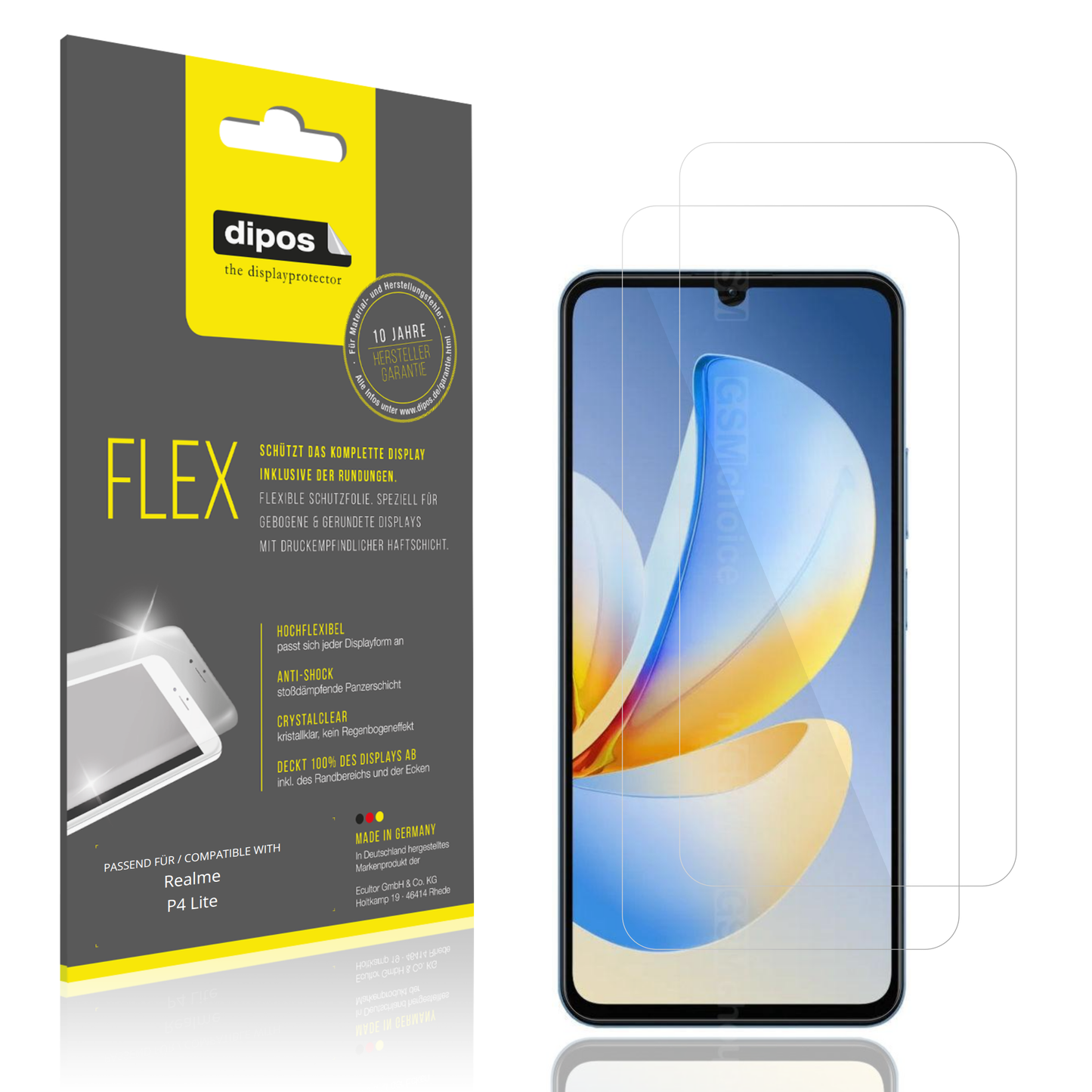 Klare Displayschutzfolie von dipos passend für Realme P4 Lite, 100% Displayabdeckung und blasenfreie Montage