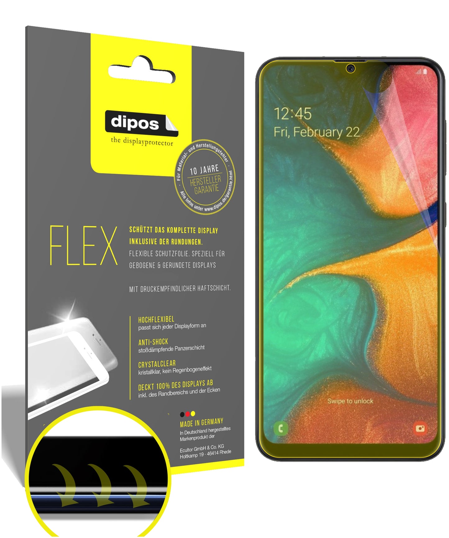 Klare Displayschutzfolie von dipos passend für Samsung Galaxy A20, 100% Displayabdeckung und blasenfreie Montage