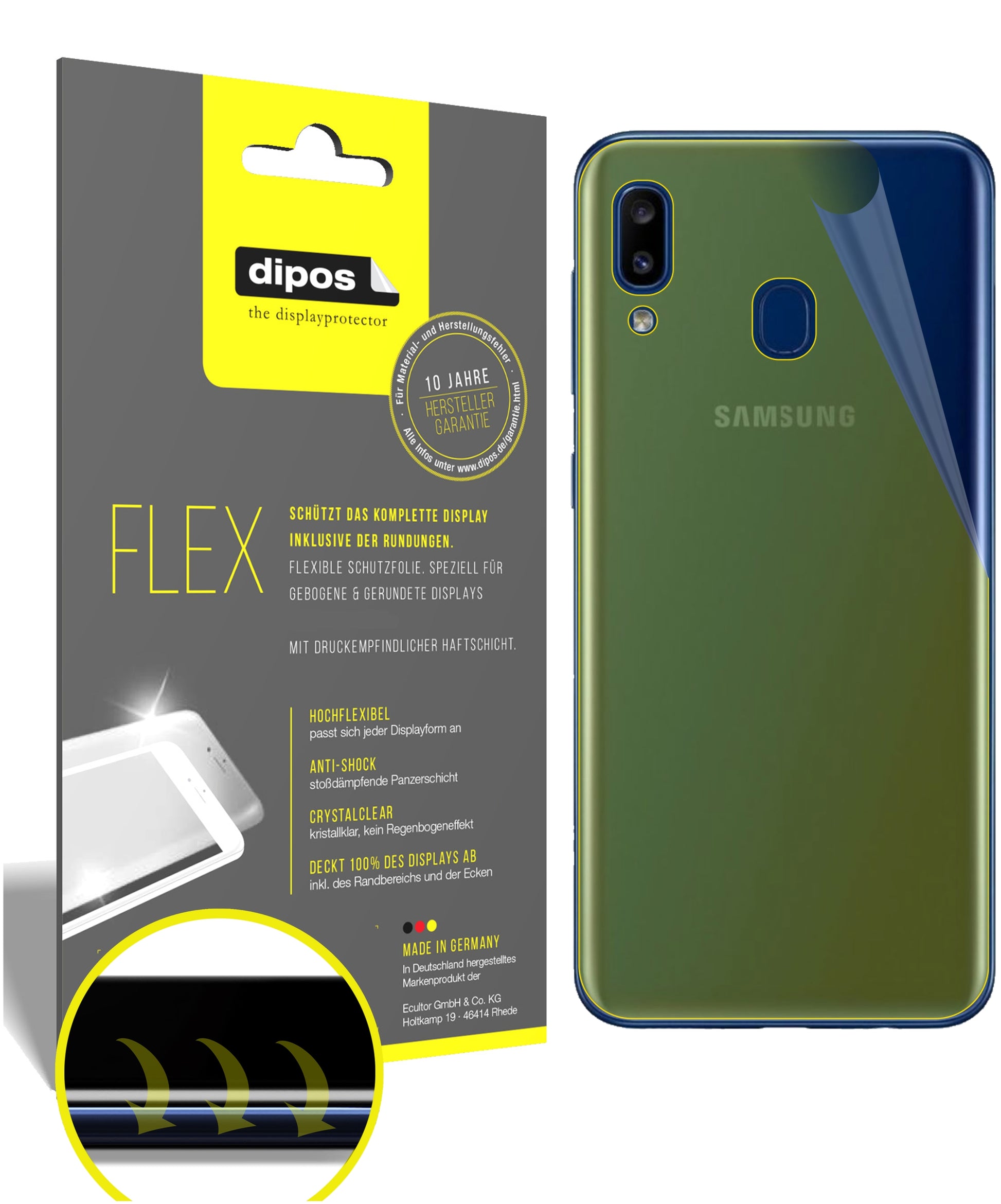 Klare Displayschutzfolie von dipos passend für Samsung Galaxy A20 Rückseite, 100% Displayabdeckung und blasenfreie Montage
