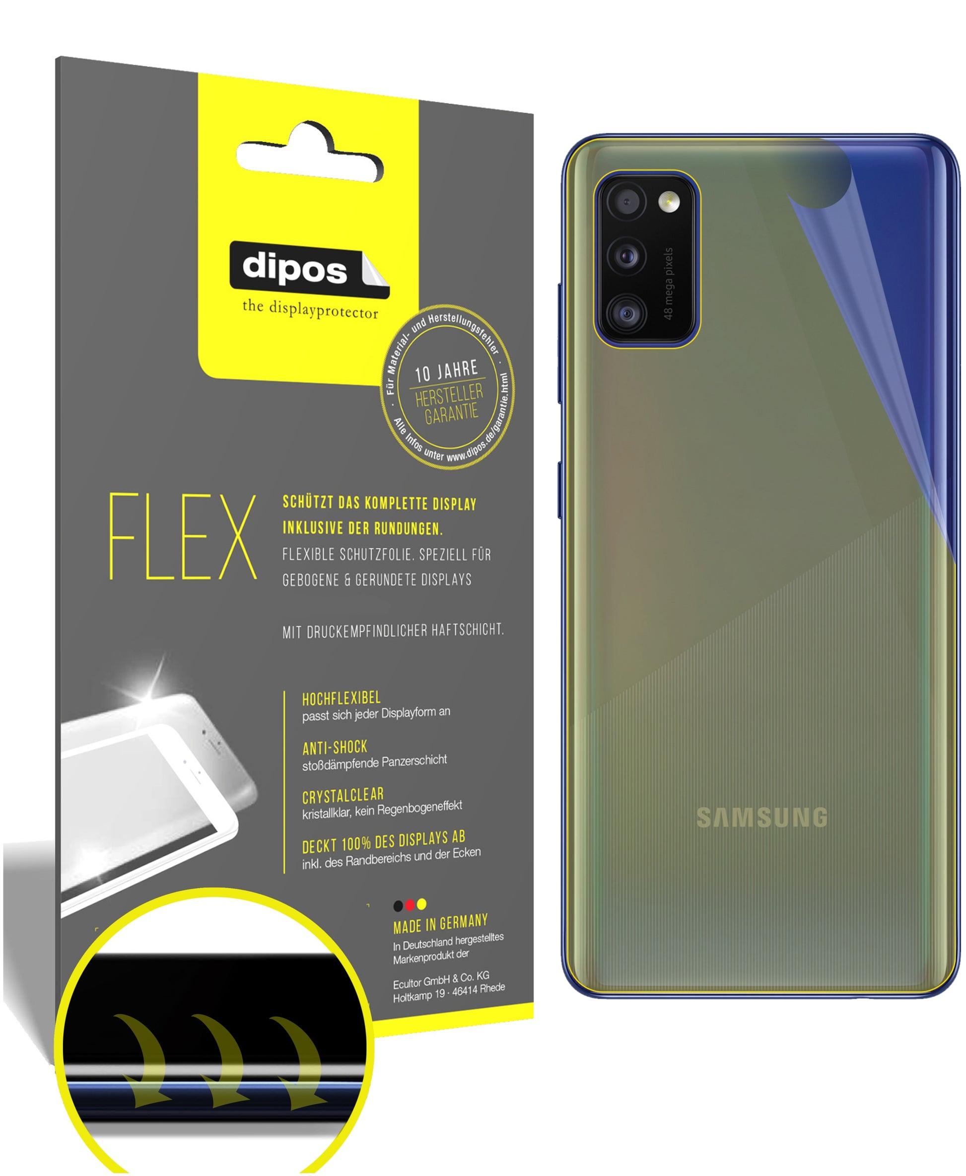 Klare Displayschutzfolie von dipos passend für Samsung Galaxy A41 Rückseite, 100% Displayabdeckung und blasenfreie Montage