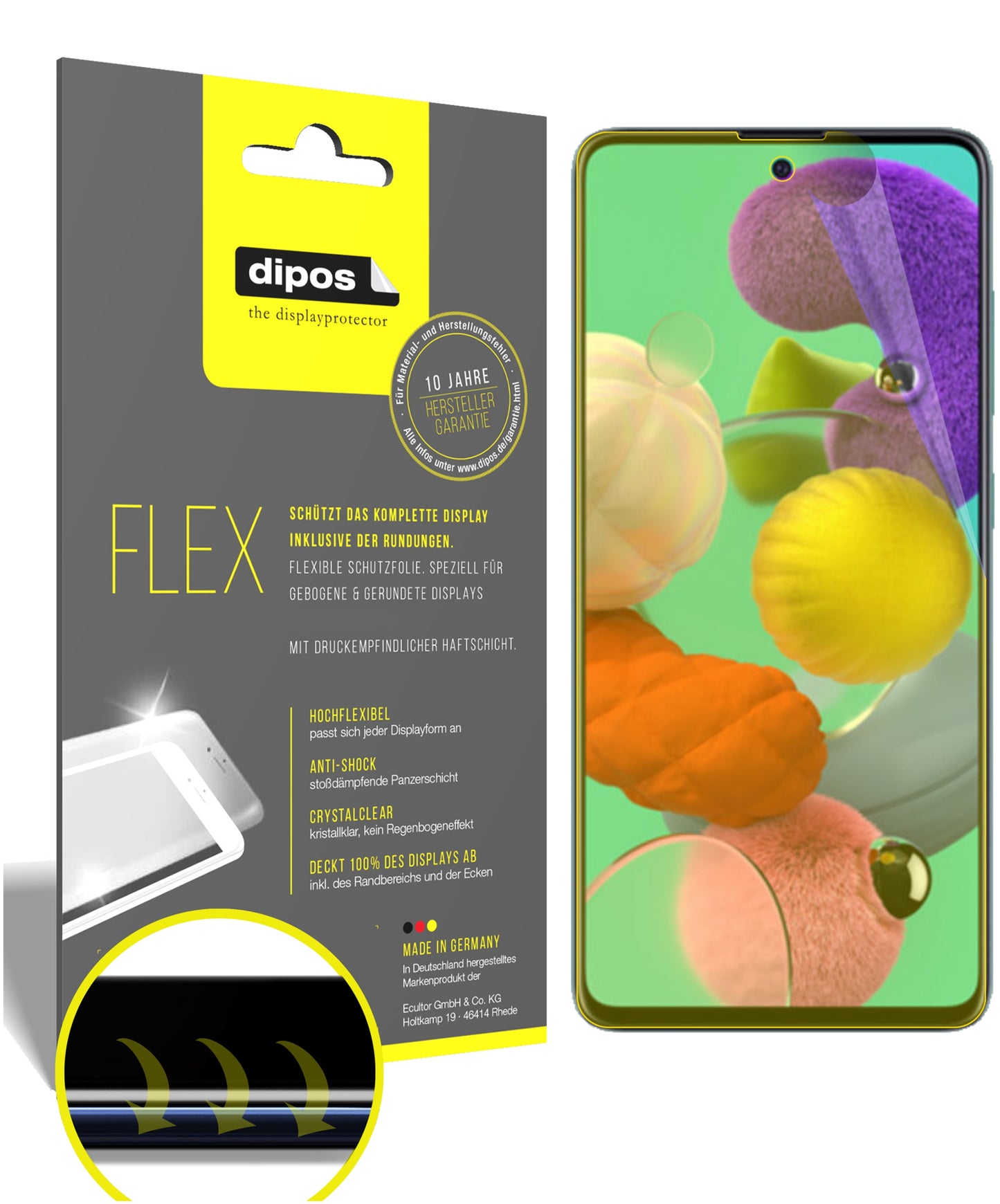 Klare Displayschutzfolie von dipos passend für Samsung Galaxy A51, 100% Displayabdeckung und blasenfreie Montage