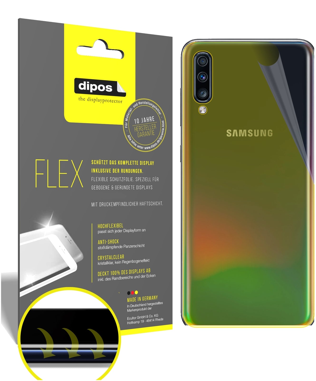 Klare Displayschutzfolie von dipos passend für Samsung Galaxy A70 Rückseite, 100% Displayabdeckung und blasenfreie Montage