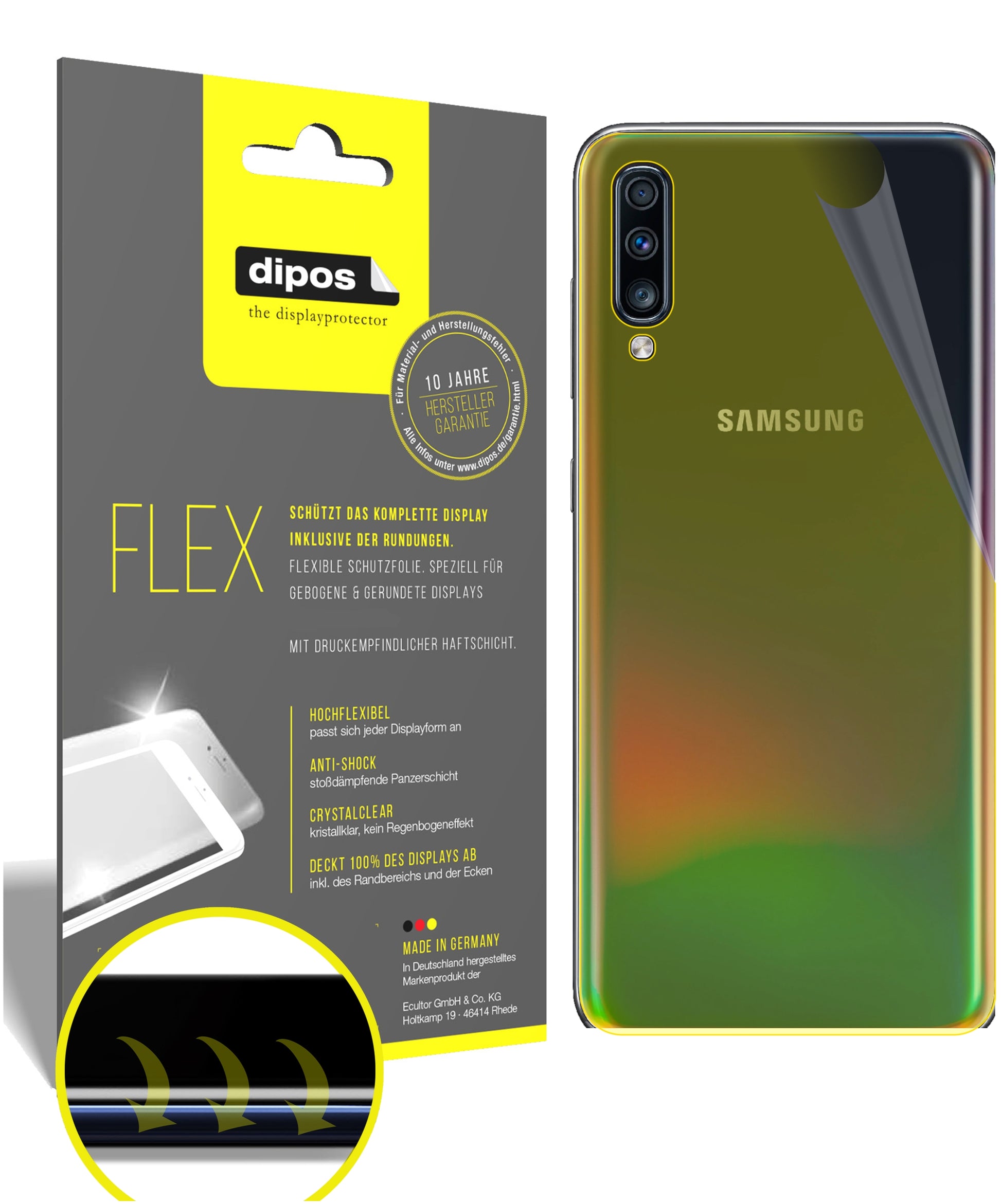 Klare Displayschutzfolie von dipos passend für Samsung Galaxy A70s Rückseite, 100% Displayabdeckung und blasenfreie Montage