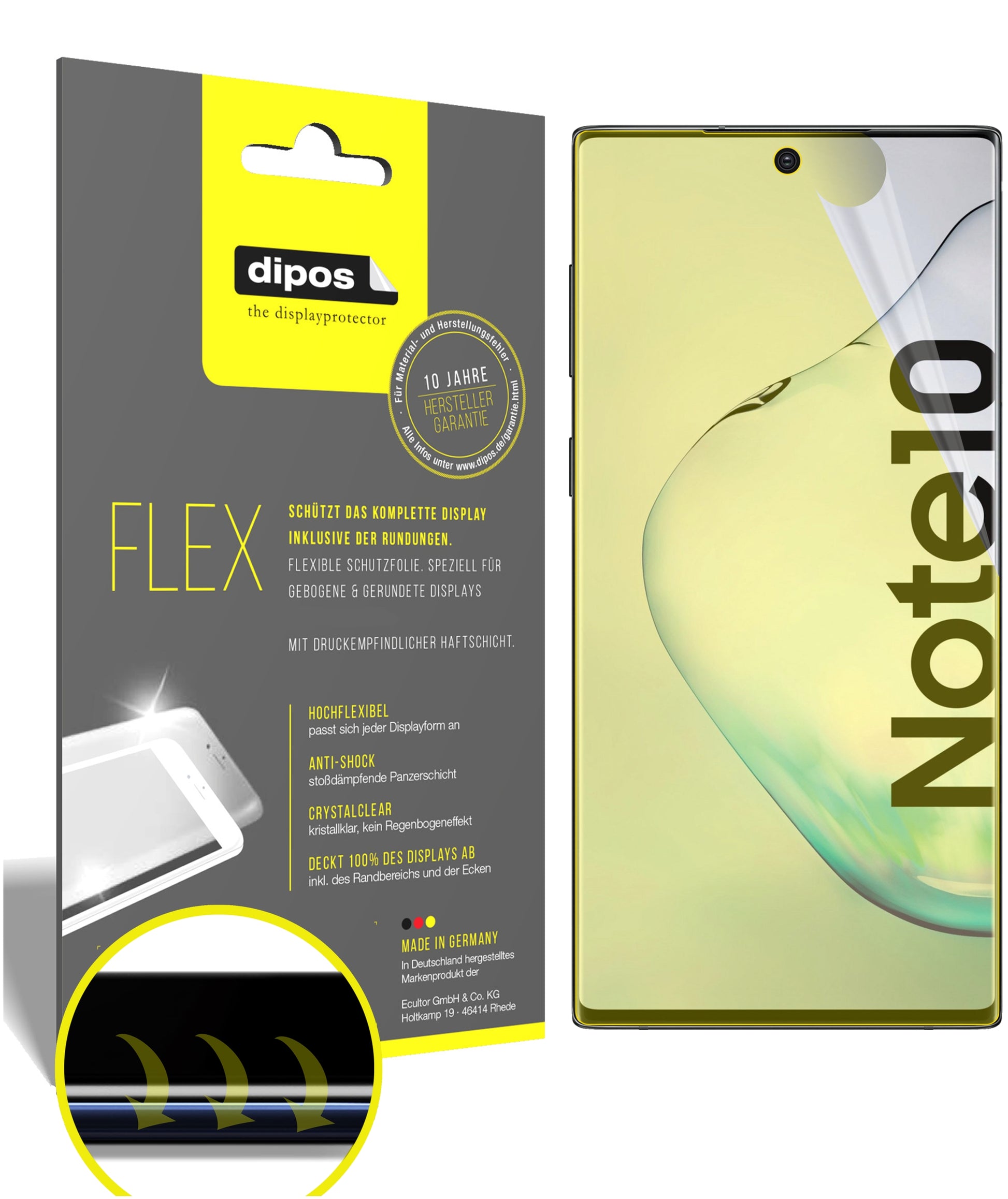 Klare Displayschutzfolie von dipos passend für Samsung Galaxy Note 10 5G, 100% Displayabdeckung und blasenfreie Montage