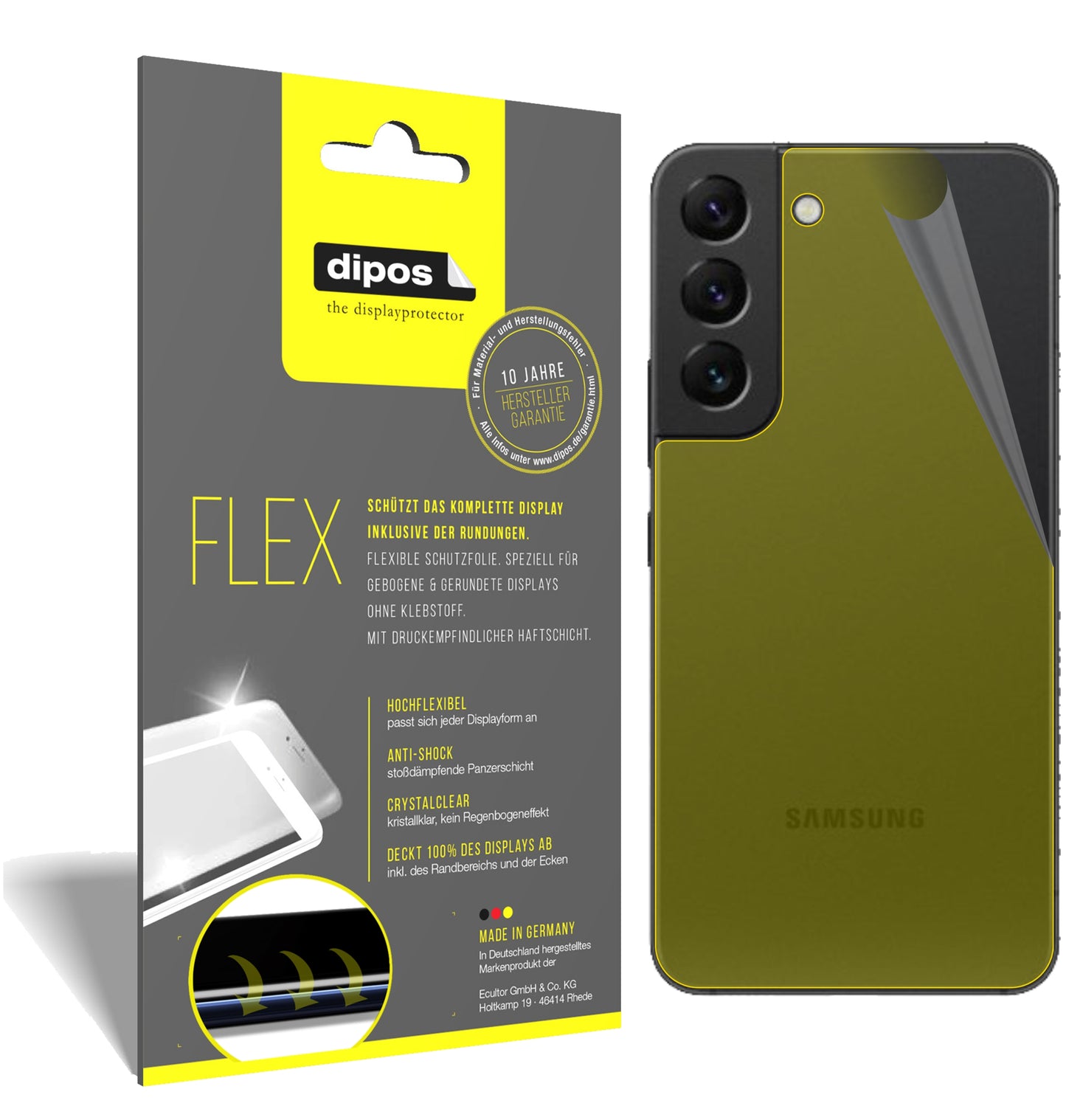 Klare Displayschutzfolie von dipos passend für Samsung Galaxy S22 Rückseite, 100% Displayabdeckung und blasenfreie Montage