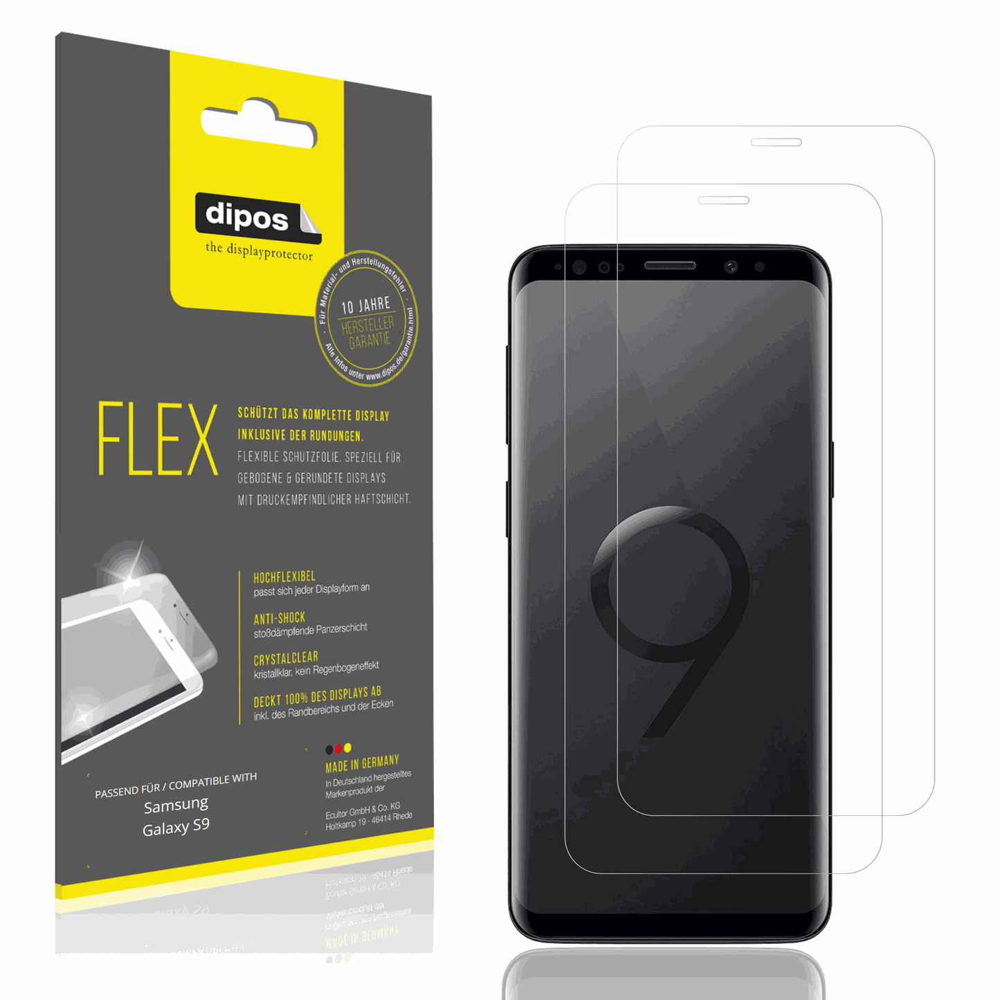 Klare Displayschutzfolie von dipos passend für Samsung Galaxy S9, 100% Displayabdeckung und blasenfreie Montage
